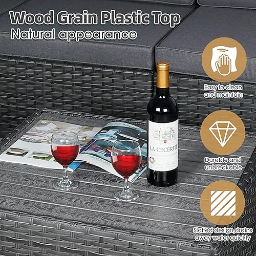 Miniatura 5 de Juego de muebles de mimbre para patio de 7 piezas con cojines, sofá modular de ratán de polietileno para exteriores con mesa superior de grano de