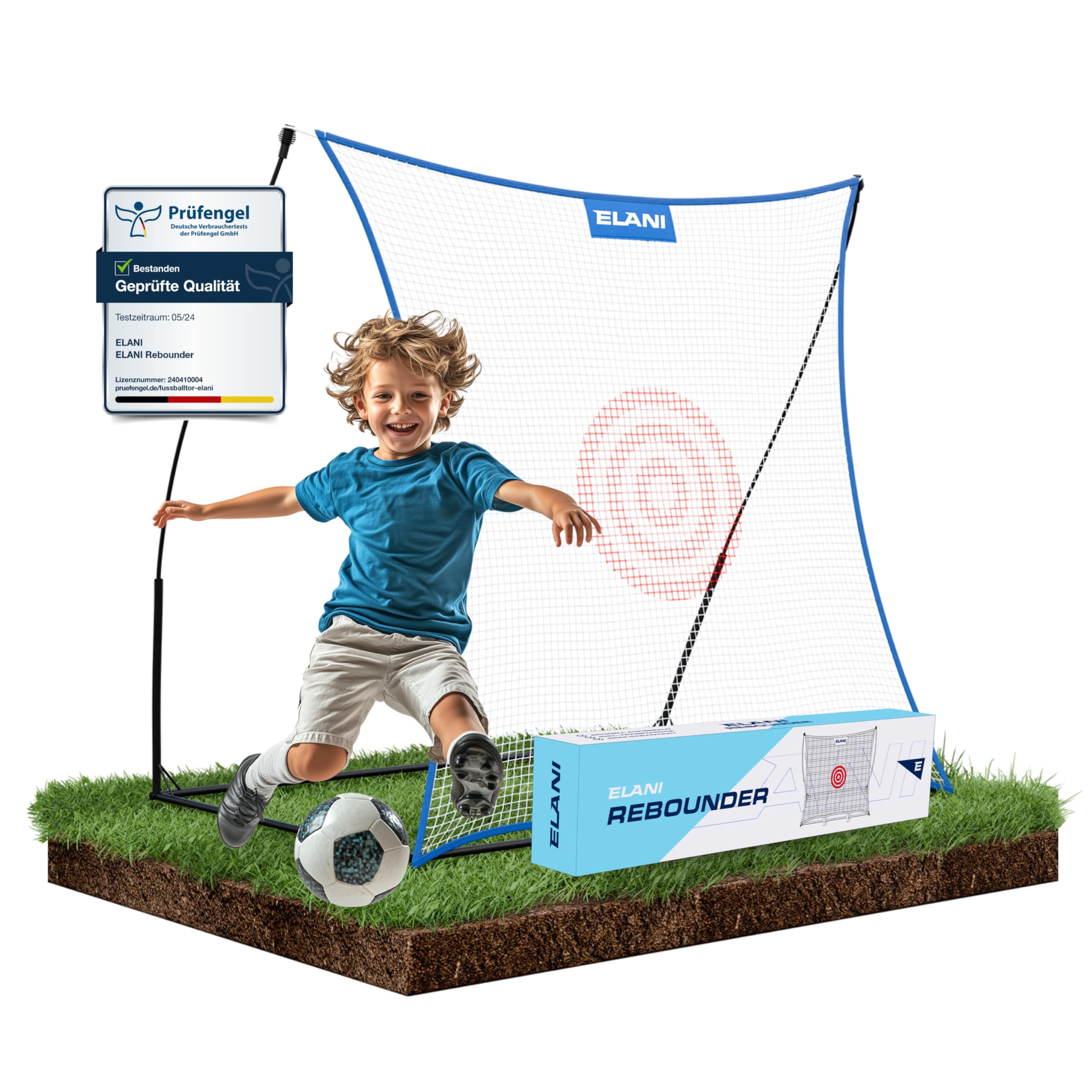 ELANI - Rebounder 2x2m - extra groß mit Zielring & 8 Heringen für sicheren Stand - Fussball Rebounder mit stabilem Rahmen - Fußball-rebounder, Handball Tor, Bouncer Fussball, Ball Trampolin