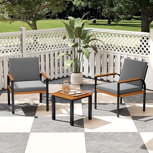 Miniatura 4 de Tangkula Juego de muebles de patio de 3 piezas, juego de sillas de conversación acolchadas para exteriores con mesa auxiliar de madera de acacia,