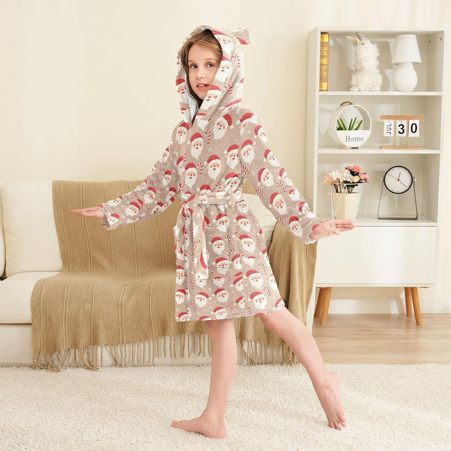 GuoChe Adorable Santa Claus Christmas Pattern Hooded Pajama Robe For Girls