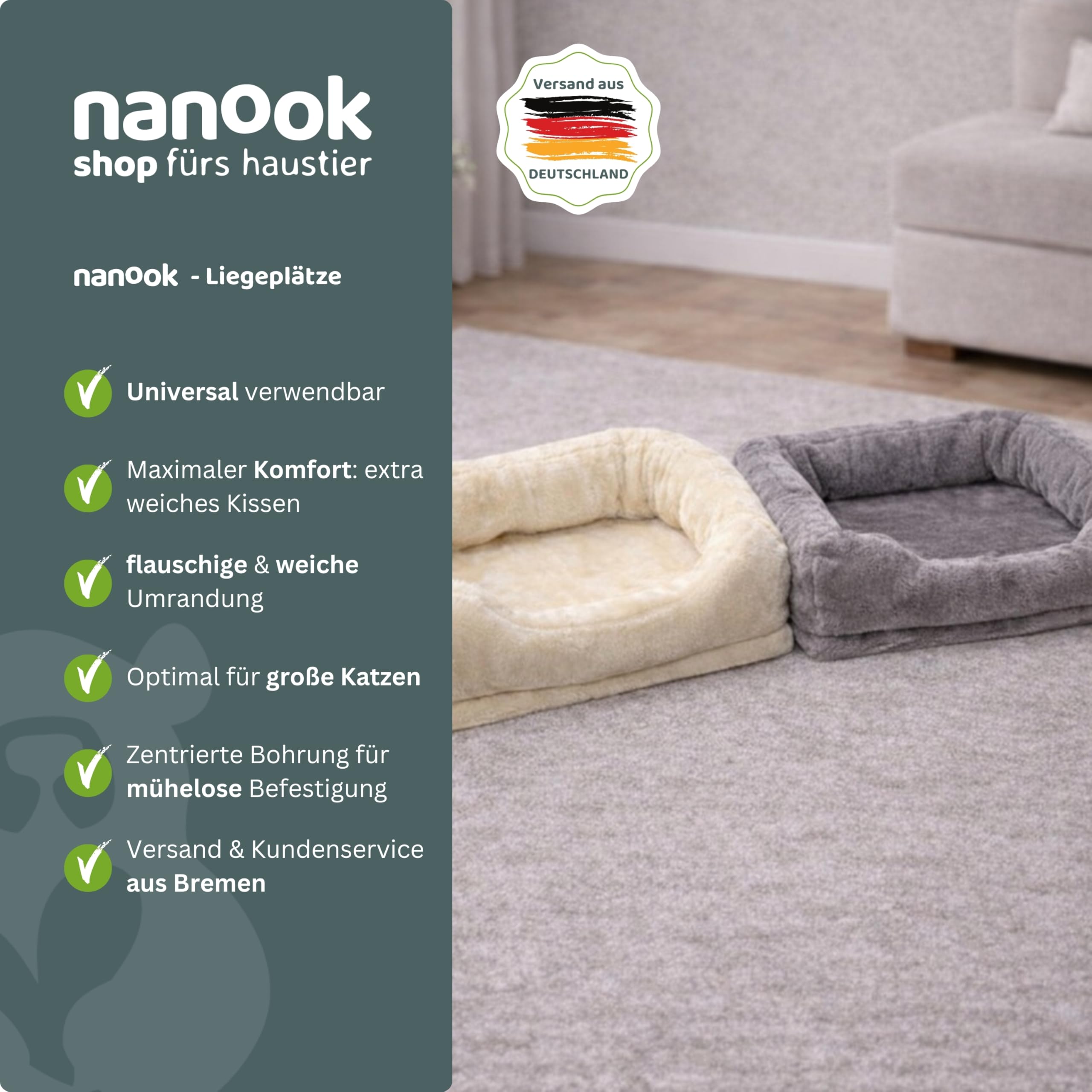 nanook Kratzbaum Liegeplatz Top für Katzen - Fensterbank Liege - Abnehmbarer Bezug - Plüschrand - XXL 53 x 40 cm - grau