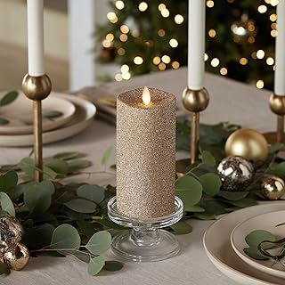 Realistic Artificial Flame Gold Glitter Pillar Candle - Moving Flame LED Battery Operated Lights - Unscented - Remote Ready - Remote Sold Separately - 3" x 6.5"