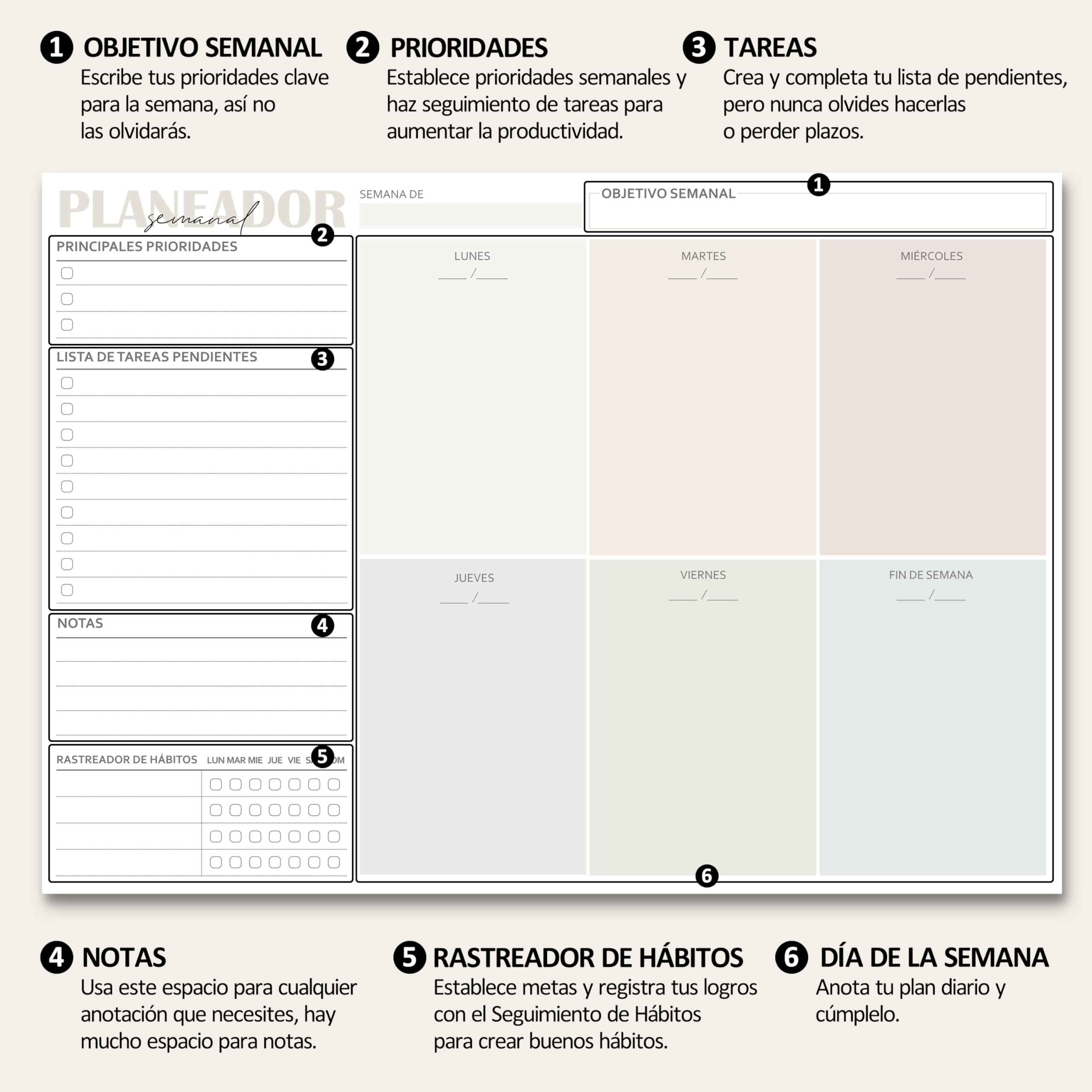 Planificador Semanal Imprimible, Lista De Tareas Pendientes, Horario Semanal Mínimo, Organizador