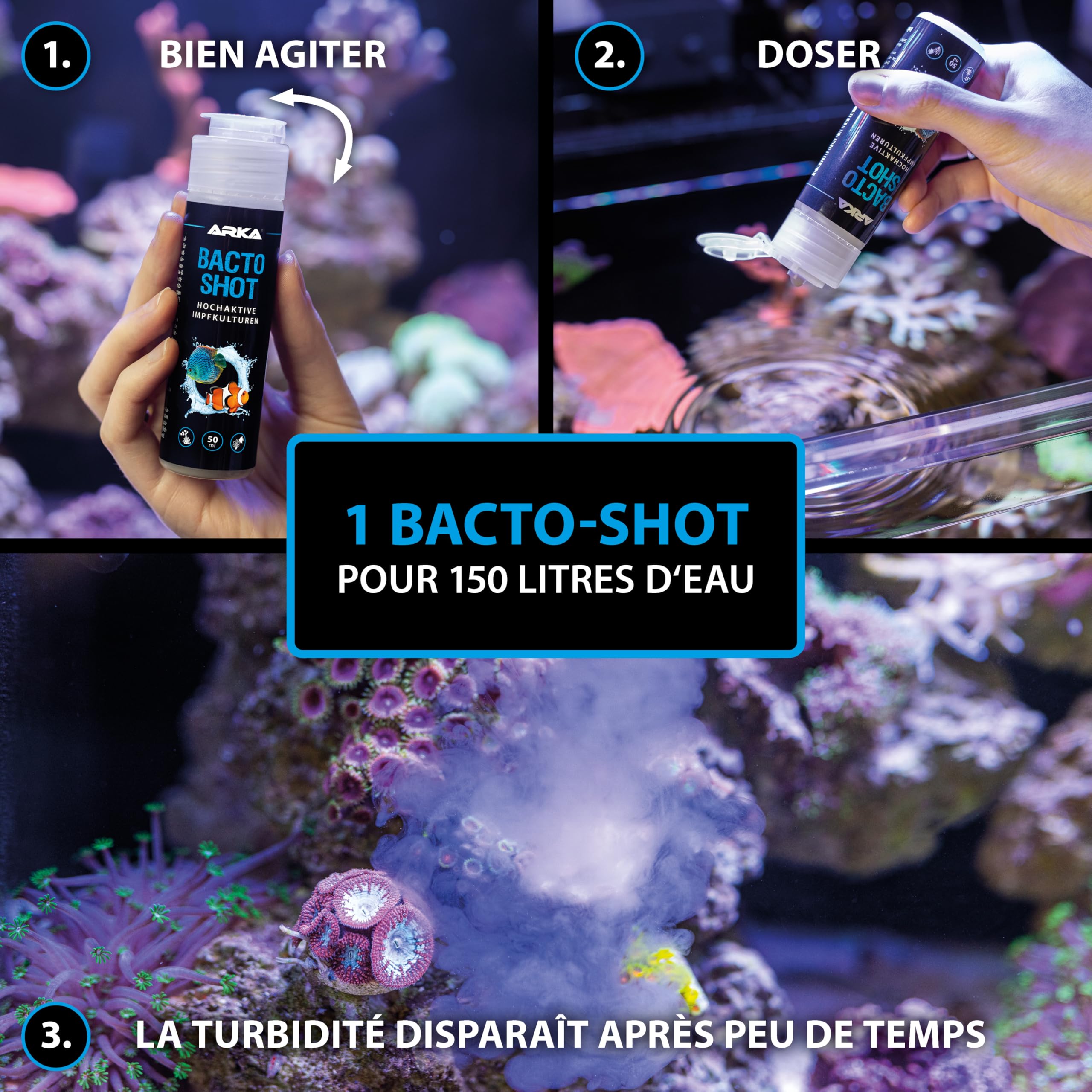 Bactéries Aquarium 50 ML – ARKA Bacto-Shot – clarifie l’Eau en 24h – bactéries vivantes nettoyantes & filtrantes avec Support Naturel – idéal en Cas de nitrites, Trouble ou démarrage