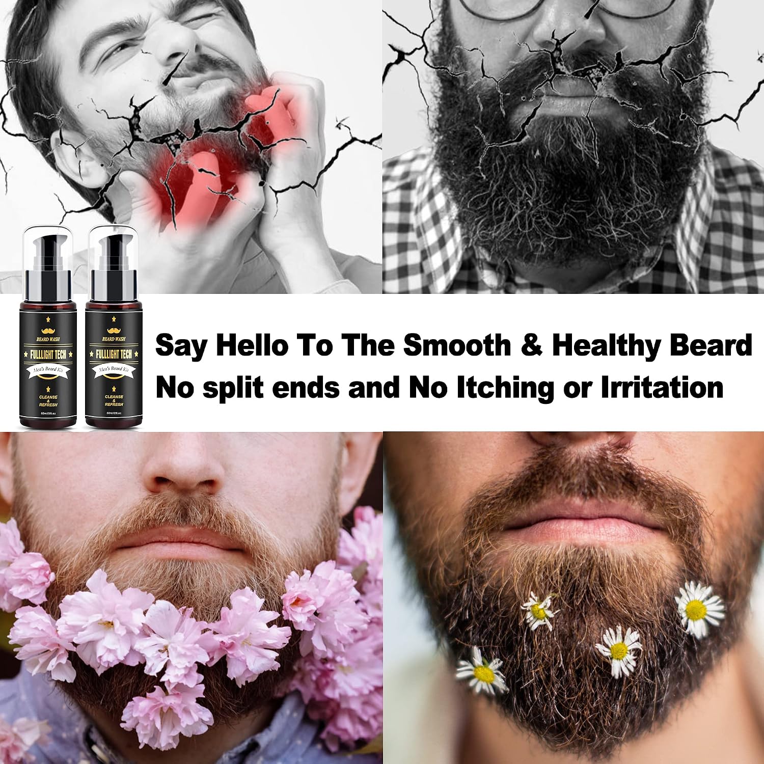 FULLLIGHT TECH Men's 2 Pack Beard Care Kit - Argan Oil & Jojoba Oils Shampoo, Rosemary Extract for Clean, Moisturizing and Nourishing Mustache & Beard Growth