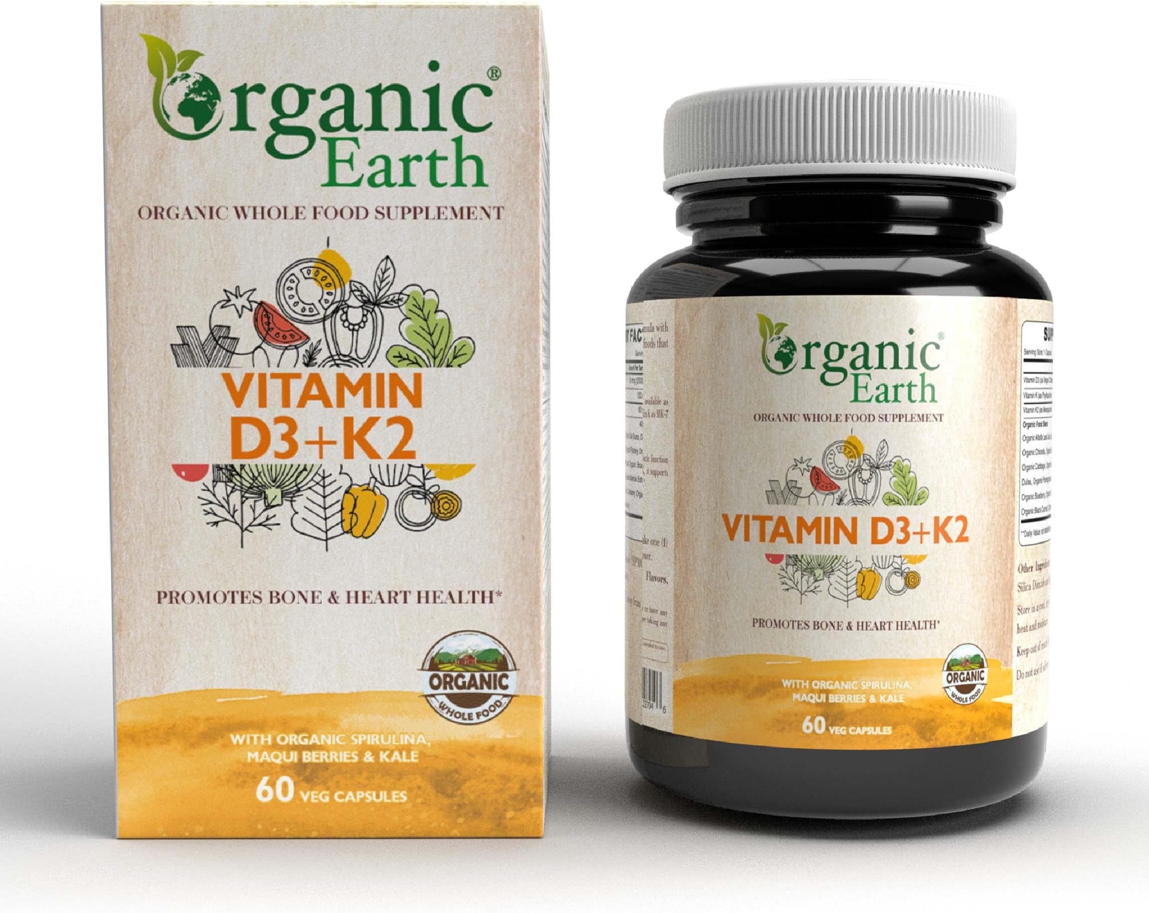 – Organic Earth Plant Based VITAMIN D3+K2 I Supports Healthy Immune System | Crafted With Synergistic Blend of D3 From Lichen & K2 from Natto | Vegan, Gluten Free, Clean Nutrition I 60 Capsules