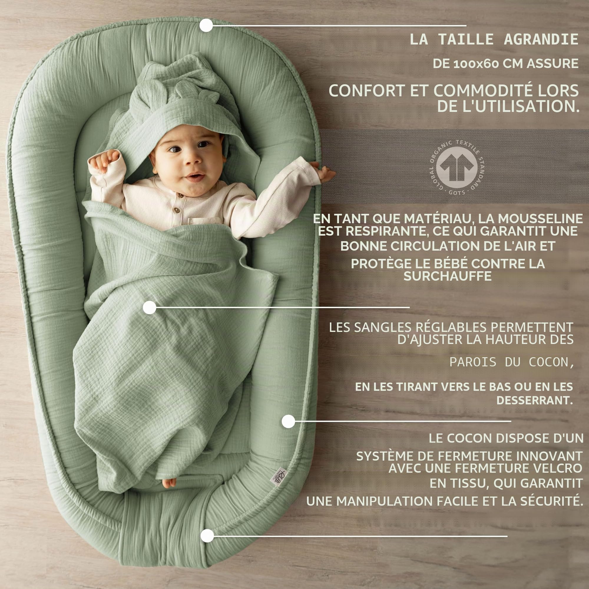PaLulli® Tour de lit en Mousseline 2 côtés avec Chiffon d'emmaillotage, Mousseline Respirante - Serviette avec Capuche et Oreilles Cousues - 100% Mousseline Öko-Tex (Vert Sauge)