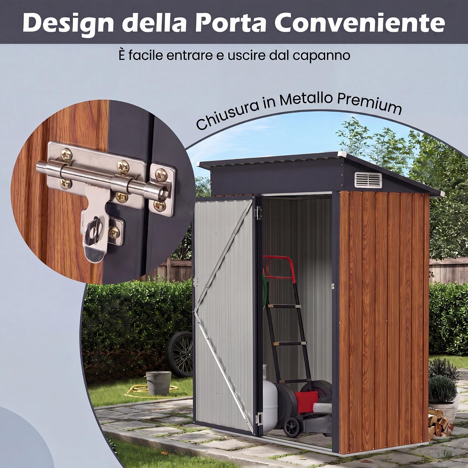 COSTWAY Armadio da Esterno in Metallo Zincato (Legno) | Capanno Giardino con Tetto Inclinato, Venti d'Aria e Porta con Chiusura, Casetta Porta Attrezzi da Cortile, Prato e Patio