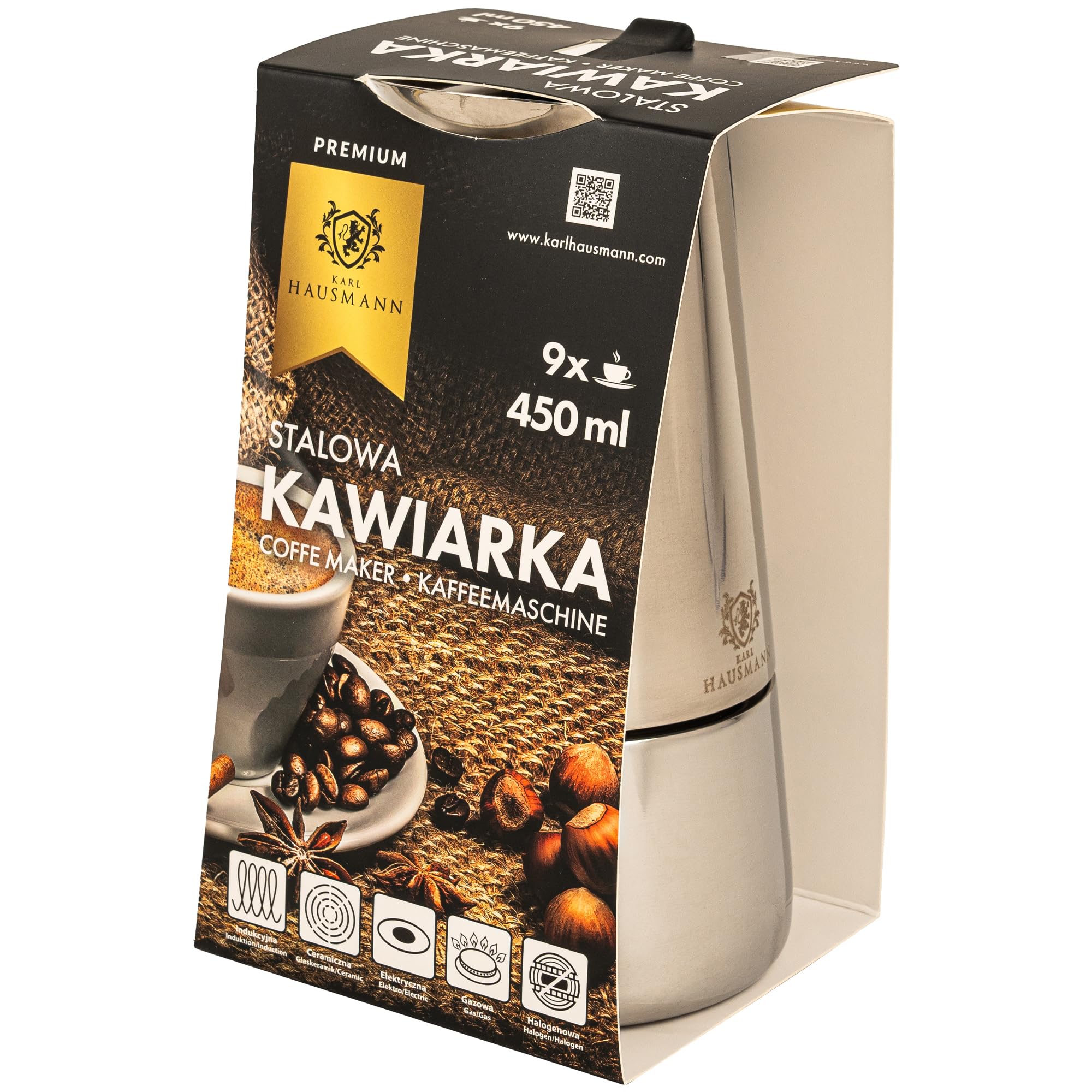 KARL HAUSMANN Kawiarka Indukcja 450 ml 9 Filiżanek - Kawiarka Stalowa Do Espresso I Herbaty, Moka Na Indukcję, Gaz, Kuchenkę Elektryczną I Ceramiczną, Stalowe Wykończenie