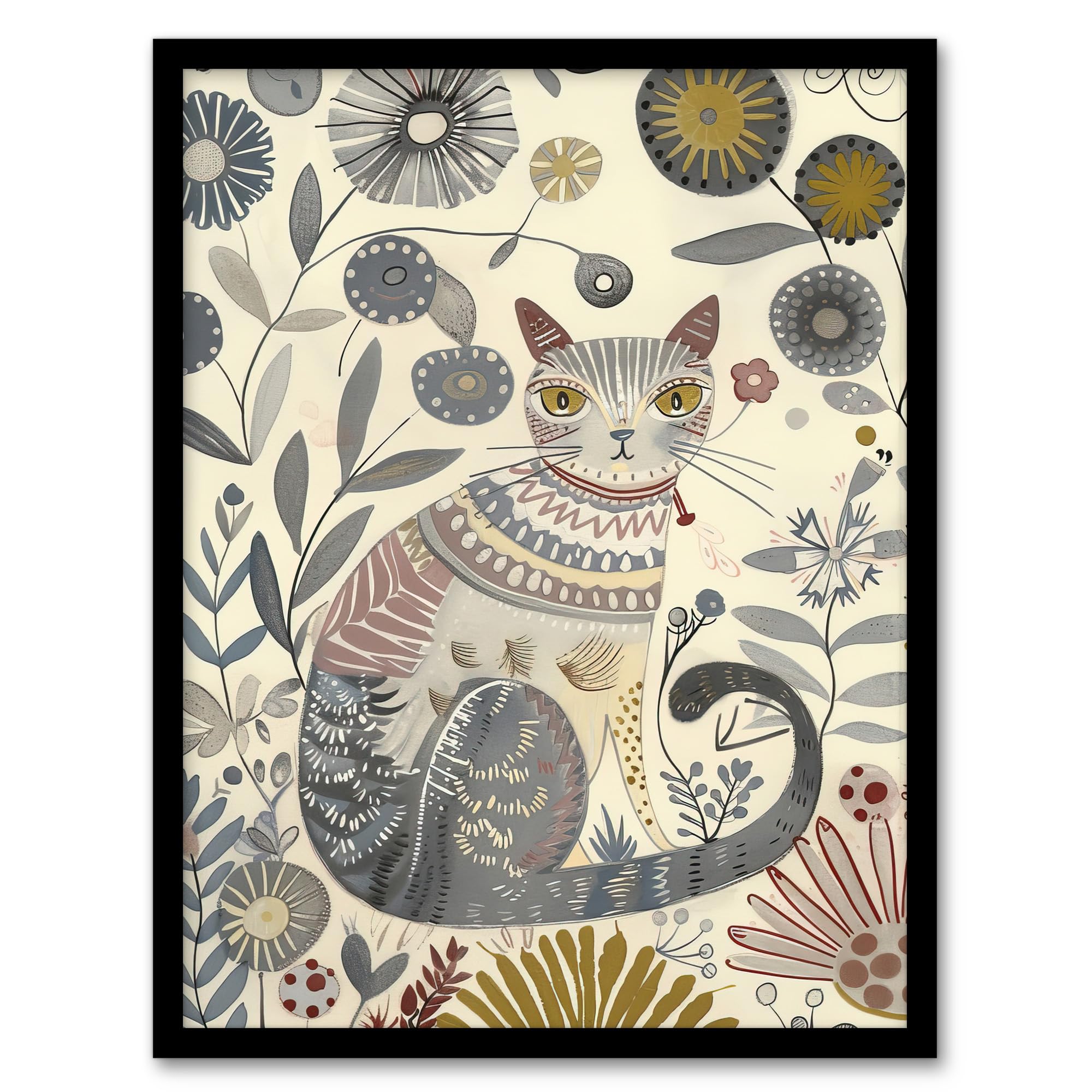Artery8 Rustic Cat Wildflower Field Framed Art Print - Beige - A4 Size