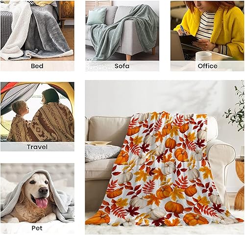 Miniatura 7 de Manta de otoño  Manta de otoño con hojas de arce y calabaza, regalo de decoración de otoño de Acción de Gracias, ultra afelpada, acogedora, ligera,