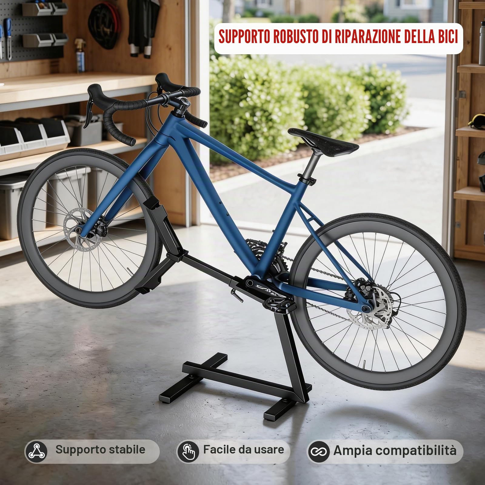 Cavalletto posteriore 2 in 1 per riparazione e stoccaggio, supporto stabile per mountain bike e bici elettriche fino a 45 kg, struttura in metallo con fissaggio anteriore della ruota, regolabile per