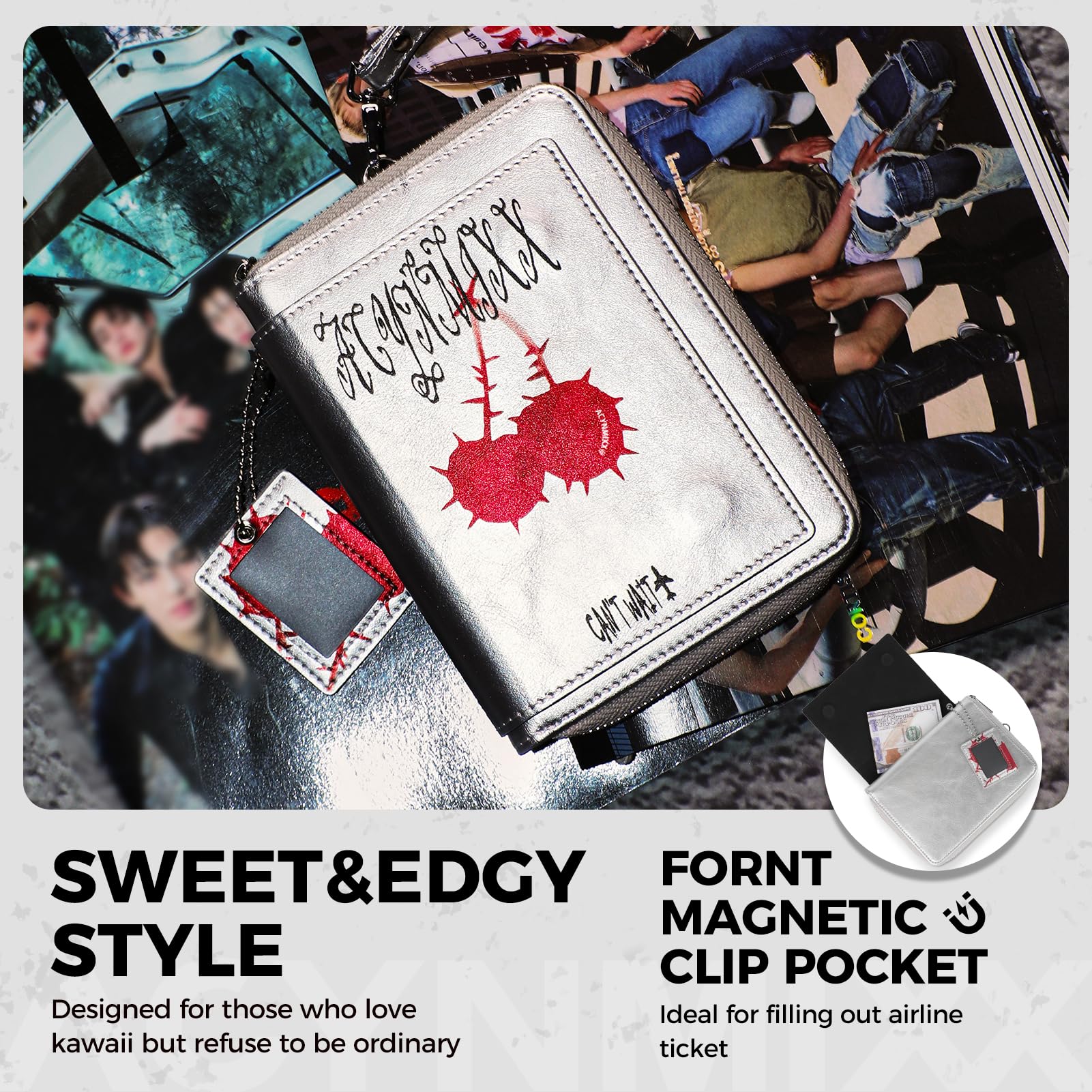 Portafoglio per passaporto in pelle con cordino staccabile RFID blocco passaporto con cerniera organizer per documenti da viaggio per donne, Argento, Dolce & Edgy