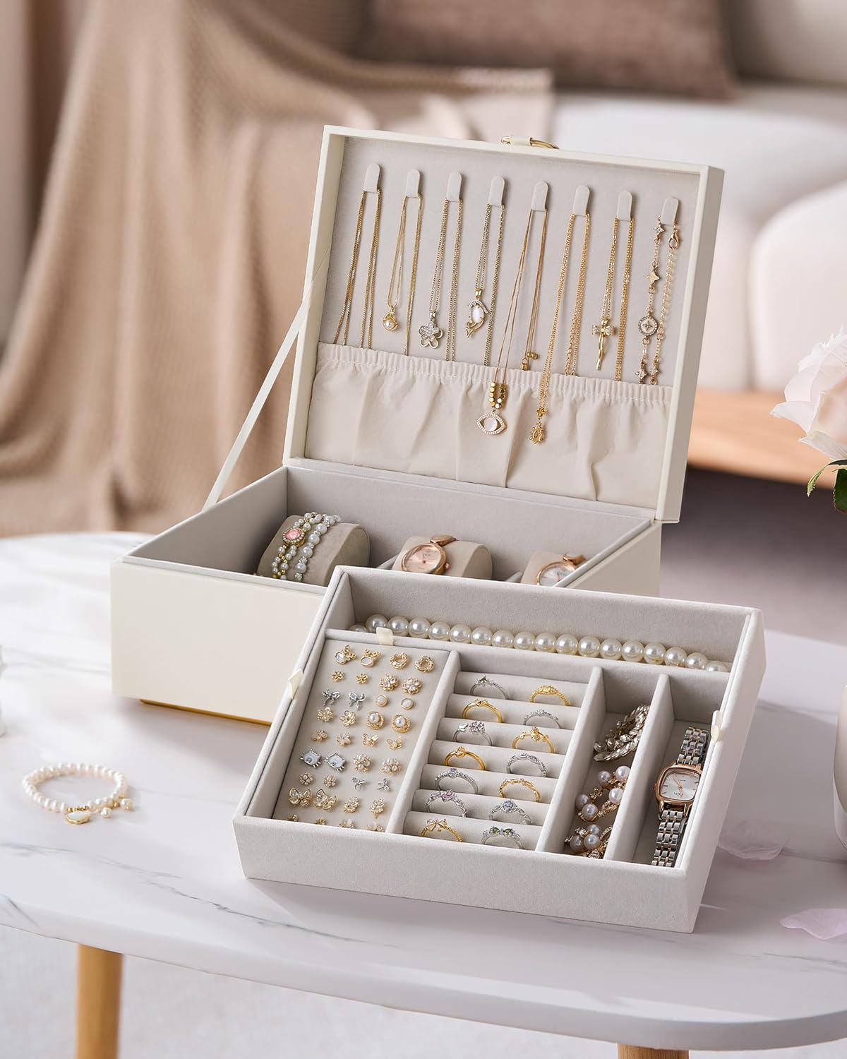 pickpiff 2 Layer Jewelry Box Organizer for Women, Jewelry Organizer with Handle & Removable Tray, Necklace Holder Ring Earring Storage, Velvet Lined Jewelry Case for Home or Travel, Gift Ready, Beige - Image 4