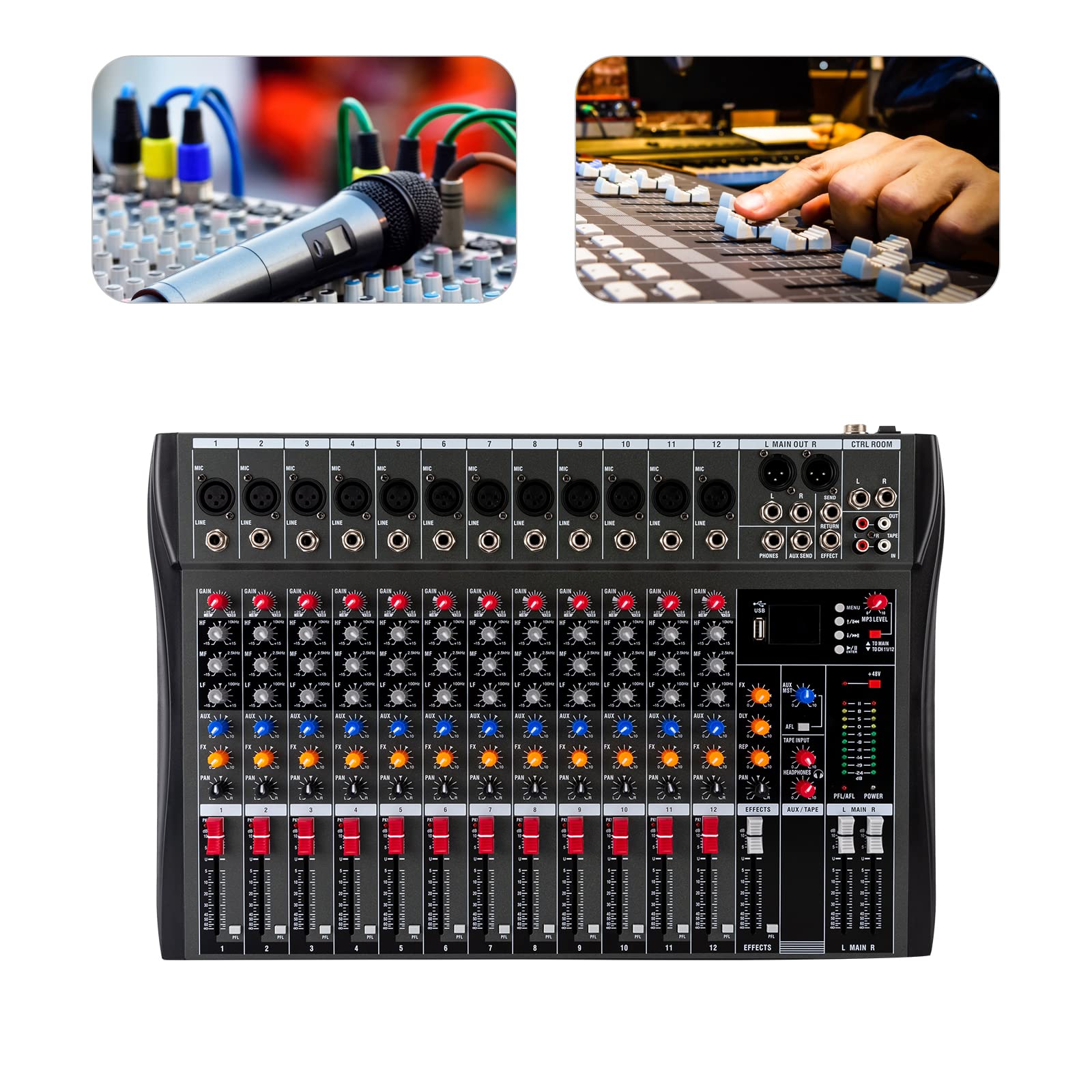 Mezclador de audio profesional de 12 canales, consola estéreo USB Bluetooth, pantalla LCD para grabación, DJ, escenario, karaoke, transmisión en vivo, 48 V Phantom Power
