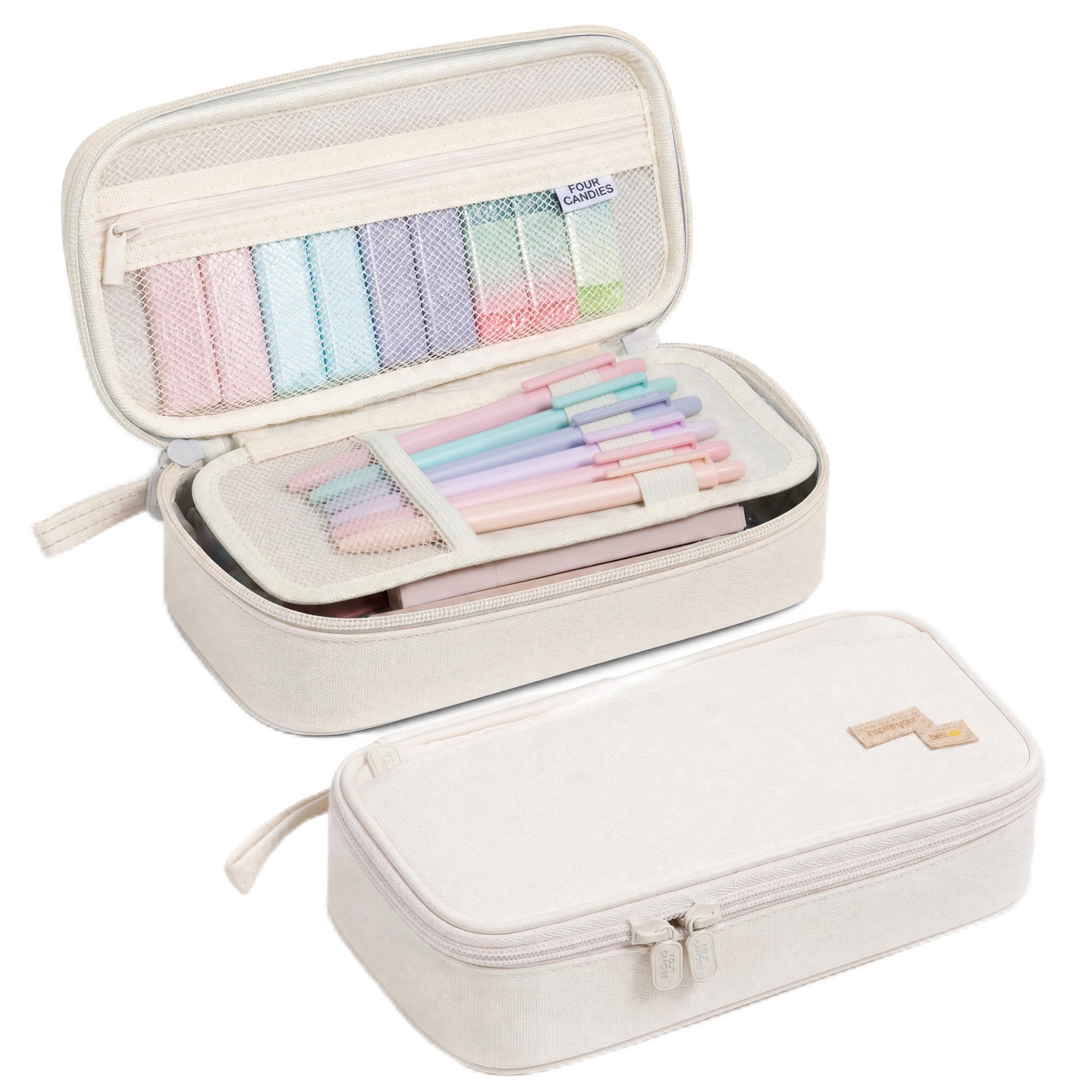 Four Candies Large Pencil Case, 5 Compartments Pen Organizer, Big Capacity Canvas Pencil Pouch Bag for School Supplies, Portable Stationery Holder for Teen Girls, Women (White)