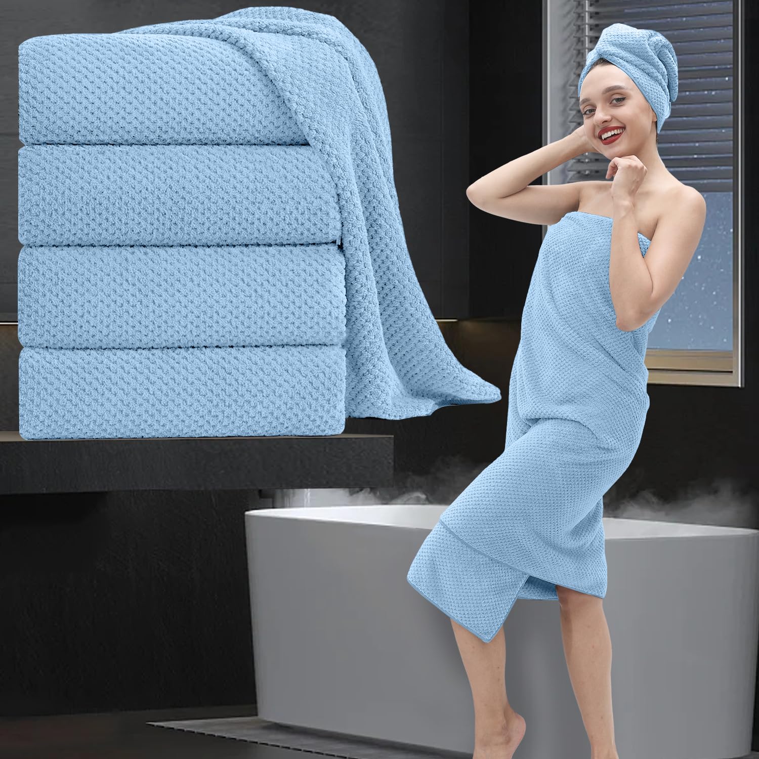 MAGGEA Bath Towel Set, Extra Large, Super Soft, Highly Absorbent, Oversized, Quick Drying Microfiber Jumbo Hand Towel for Hotel, Bathroom, Guests, Spa, Gym, 4-Pack, 89 x 178 cm, Blue — image 1