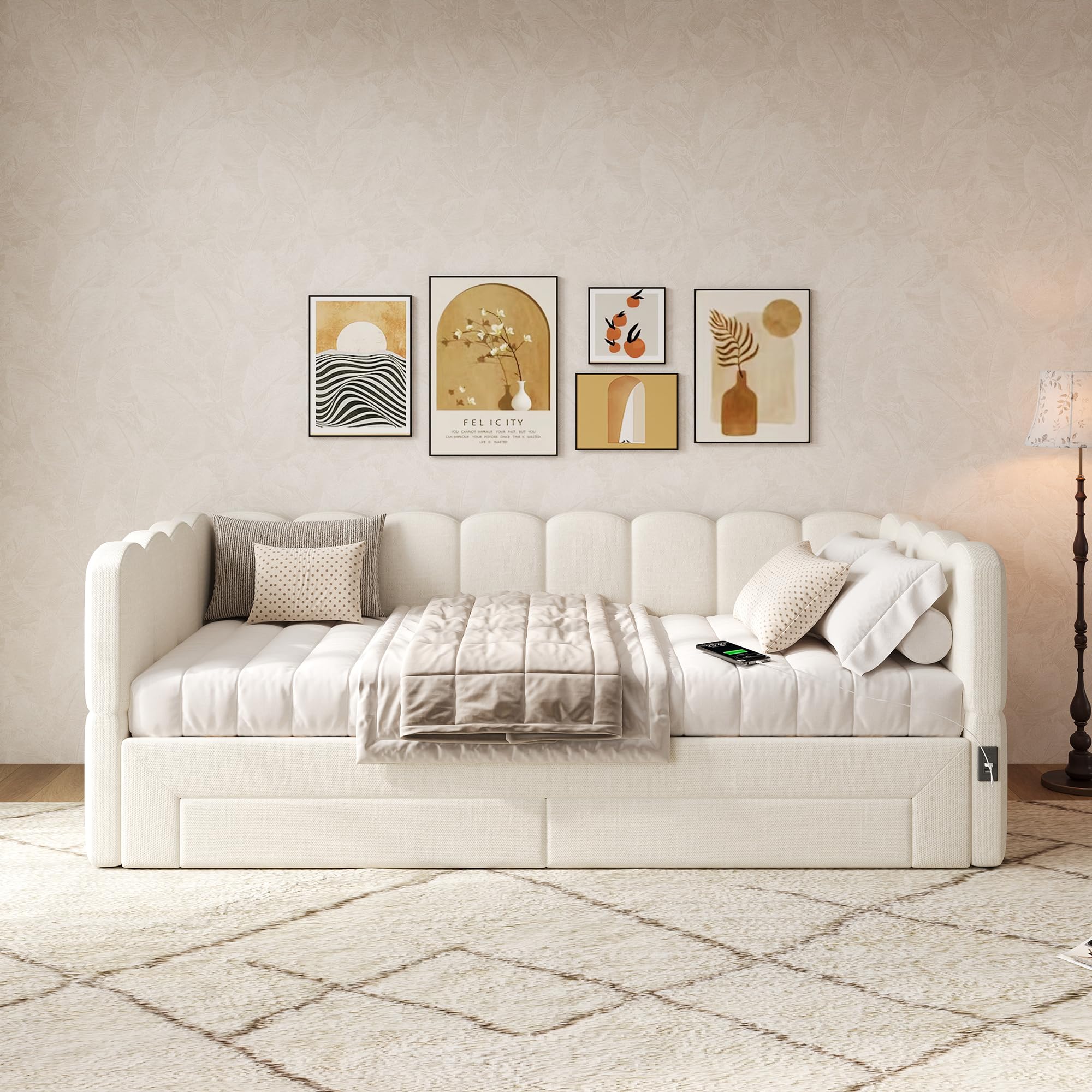 Łóżko tapicerowane, dzienne, z 2 szufladami do przechowywania, sofa do spania, 90 x 190 cm, wysuwane do 180 cm, ze złączem USB, beżowe len