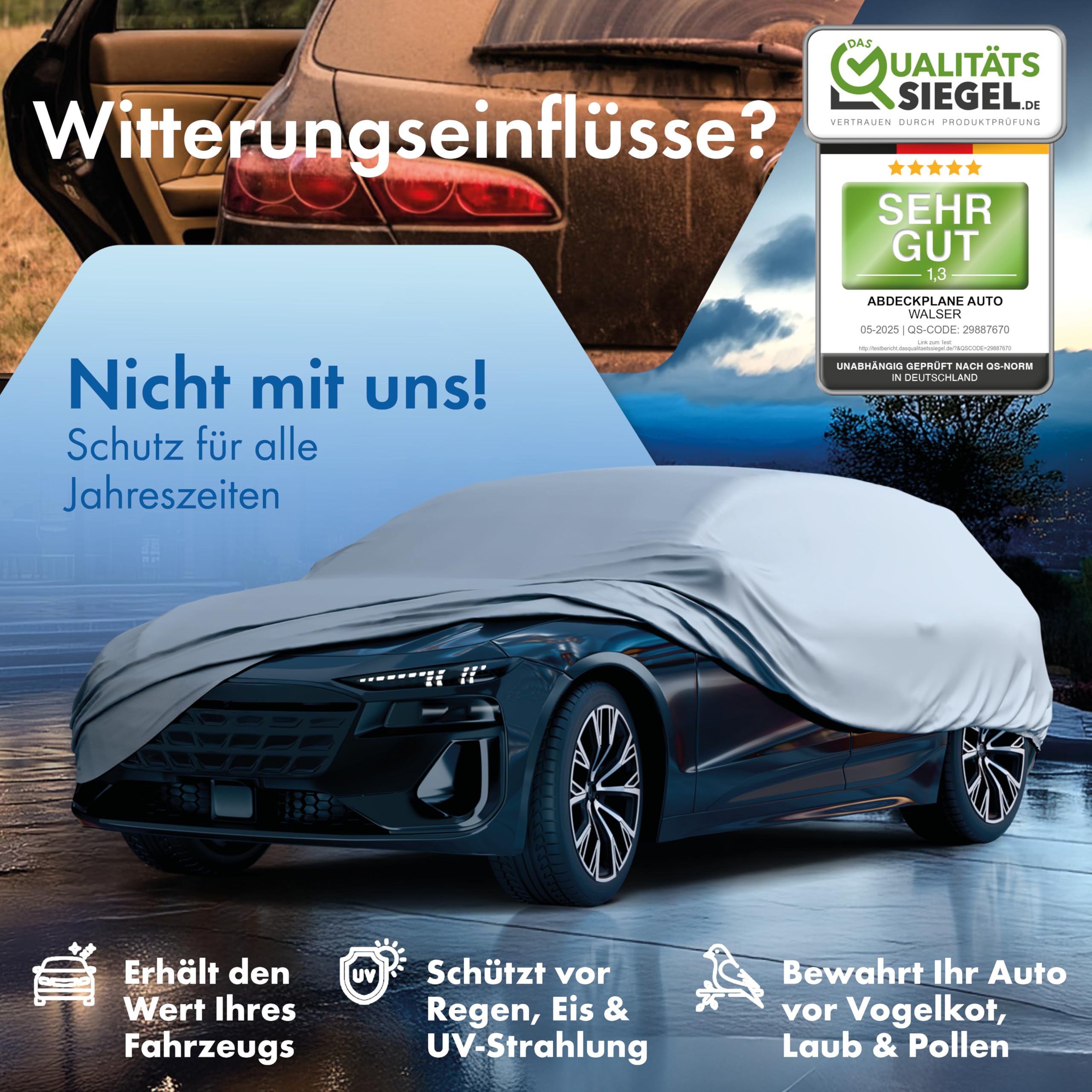 Walser Abdeckplane Auto All Weather, Abdeckung wasserdicht, 100% wetterfeste PKW Garage Zelt Sommer/Winter, Autoabdeckung Outdoor, Schutzdecke wasserdicht, Autoplane Vollgarage Größe 6 Kombi Silber