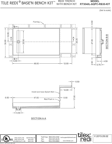 Miniatura 8 de Tile Redi RT3048L-SQPC-RB30-KIT - Sartén y banco de ducha con drenaje izquierdo, base de ducha de un solo bordillo, banco, drenaje de PVC de 2