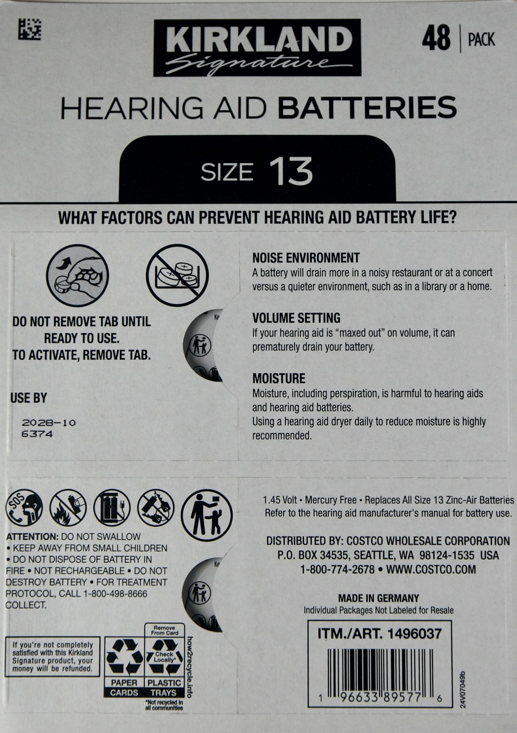 KIRKLAND Signature Hearing Aid Batteries Size 13, Zinc-Air 1.45V, 48 Pack