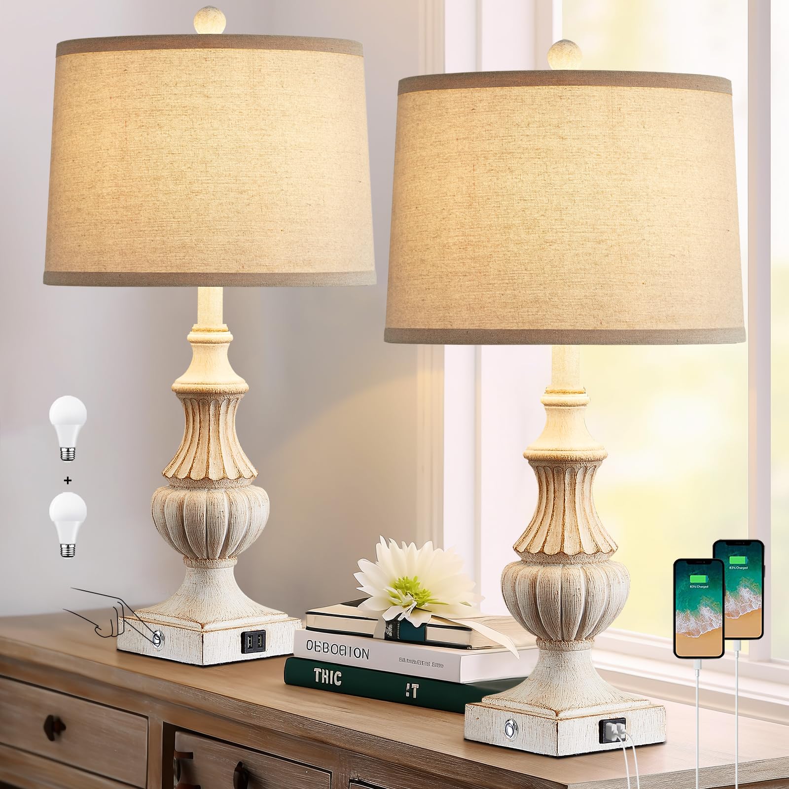 Farmhouse 3 Way Dimmable Touch Table Lamps for Living Room Set of 2 Traditional Rustic Bedside Lamps for Bedroom Nightstand 26" Night Light Lamps with 2 USB Ports Bulb Included