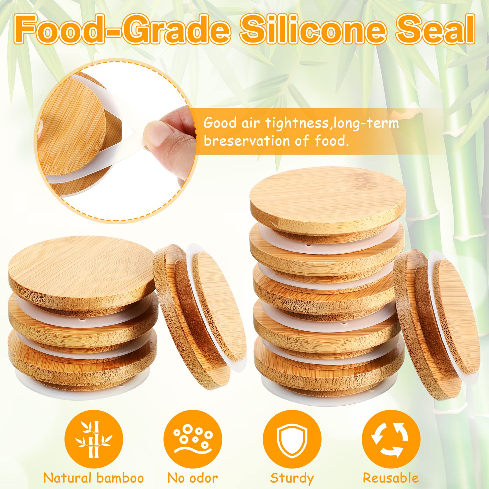 Tapa Hermética De Madera De Bambú, 12 Piezas Reutilizables De Silicona Natural, Para Tarros De Boca De Vidrio, Yogur De Bambú Regular No Incluido, Tarro De Alimentos Con Tapas De Tarro De