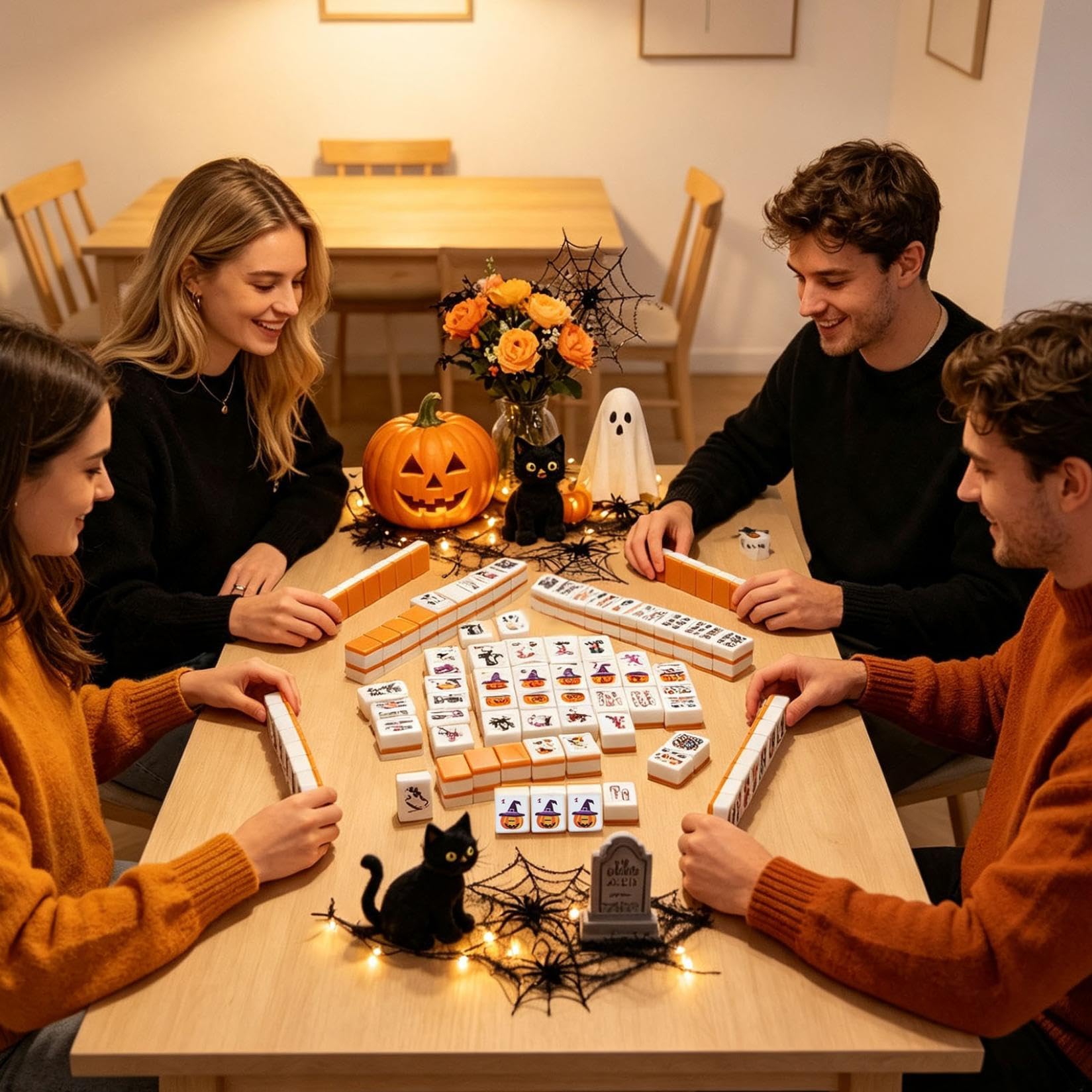 Générique 2026 Jeu De Tuiles À Associer Style Mahjong Thème Halloween Fantômes Citrouilles Sorcières Chats Noirs Mignons Araignées Enfants Adultes Soirée Familiale Divertissement
