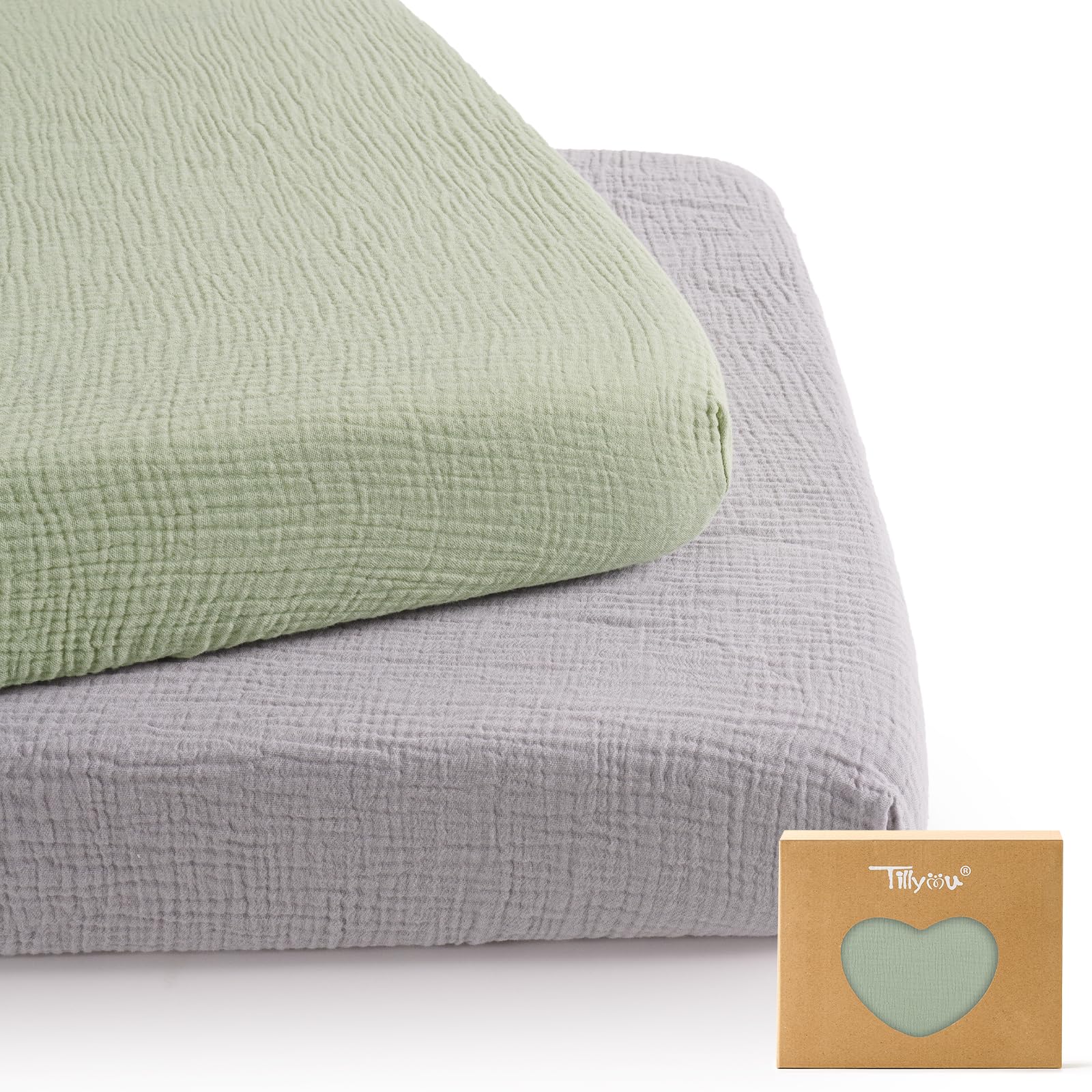 TILLYOU Muslin Mini Crib Sheets 2 Pack, Pack and Play Mattress Sheets Fitted for Pack N Play, 38 x 26 Sheet for Toddler, Grey and Saga