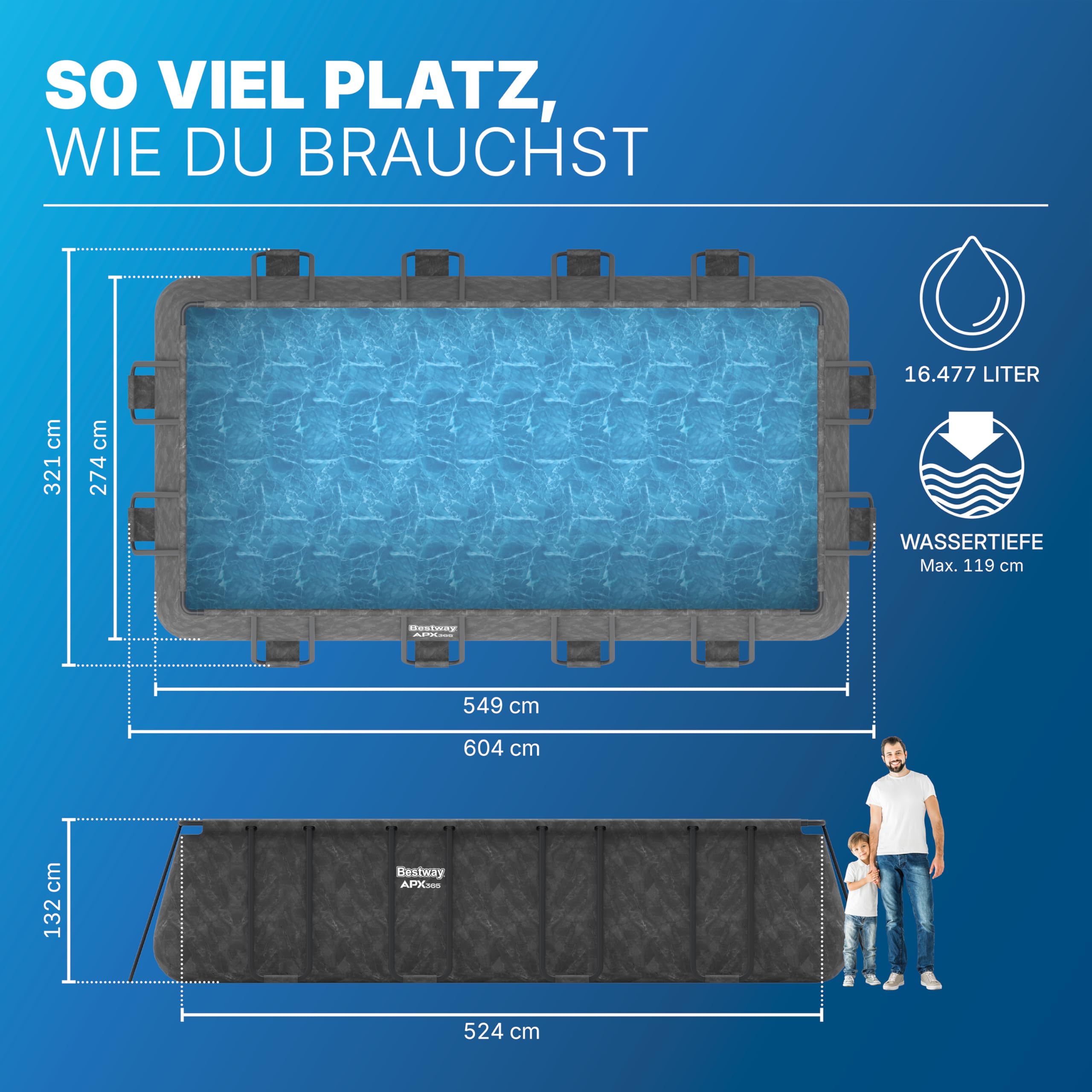 Bestway APX365 Winterfestes Frame Pool Set, Sandfilteranlage, 549 x 274 x 132 cm, 16.477 L, Stahlrahmen, Polar-Shield, Dunkle Marmor-Optik, Sicherheitsleiter, Abdeckplane, Werkzeugloser Aufbau, DEKRA