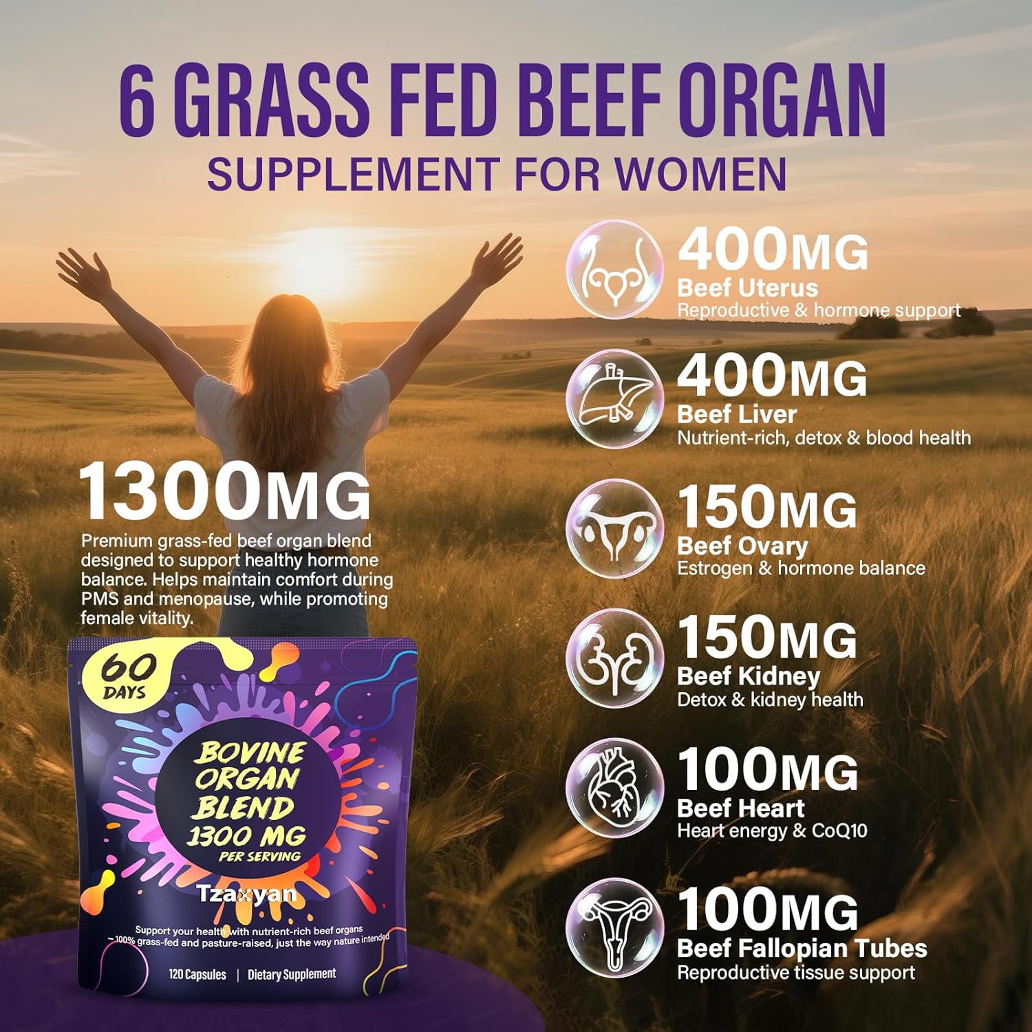 1300MG Beef Organ Supplement for Women, 100% Grass Fed Beef Liver, Uterus, Ovary & 3 More, Bovine Organ Capsules for Supports Women's Overall, Endocrine Balance, Energy, Immunity, 60 Days