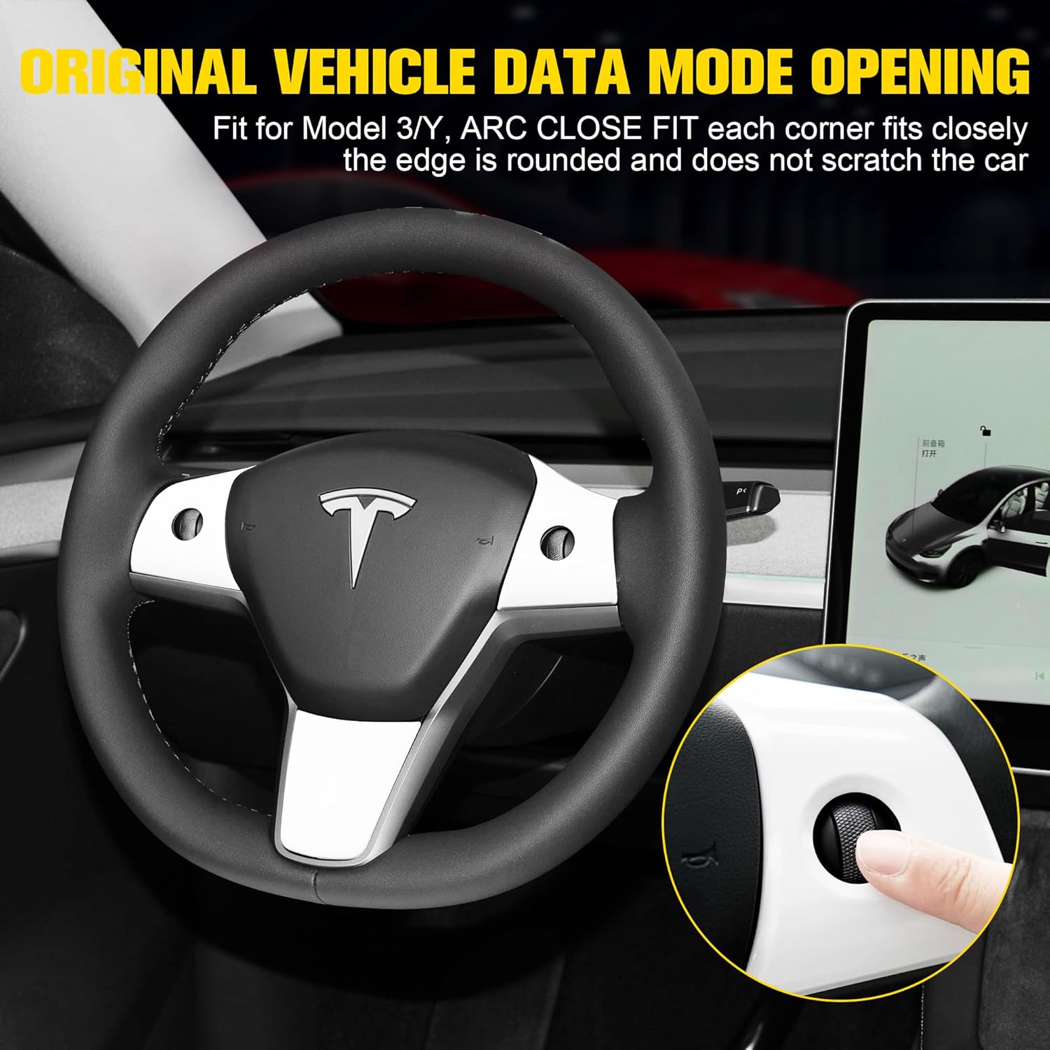 White Carbon Fiber Steering Wheel Trim & Gear Shift Cover for Tesla Model 3 (2021-2023) and Model Y (2019-2024)