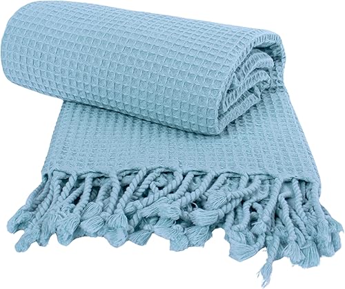 PÜSKÜL - Toallas turcas de playa de algodón ultra suave con tejido de gofre, 67 x 33 pulgadas, paquete de 2 unidades (azul claro, 2)