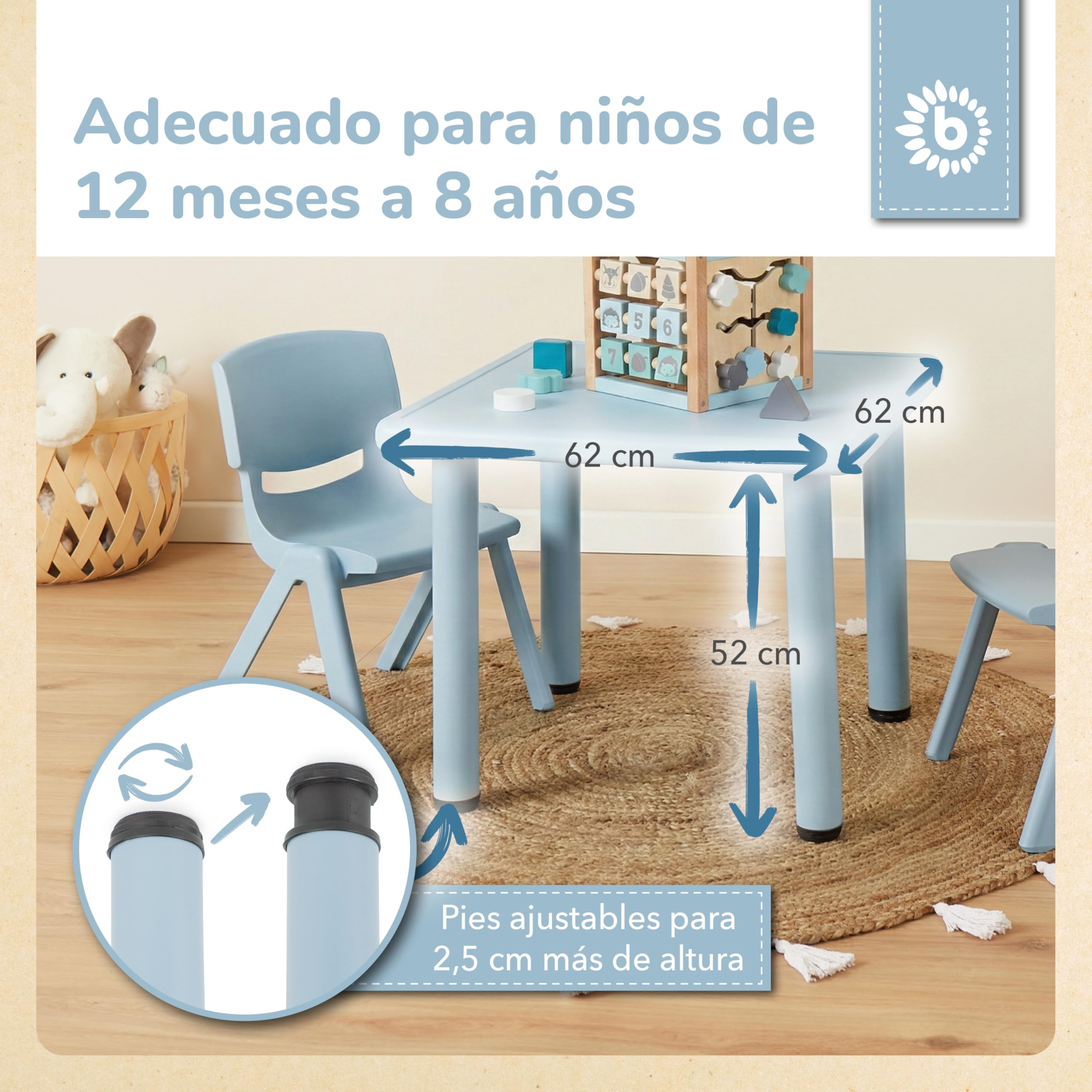 BIECO Mesa Infantil Grande Hazy Blue 62x62x52 cm | Mesa para Niños | Jardín Plástico | Muebles Jardín Exterior | Plástico Exterior