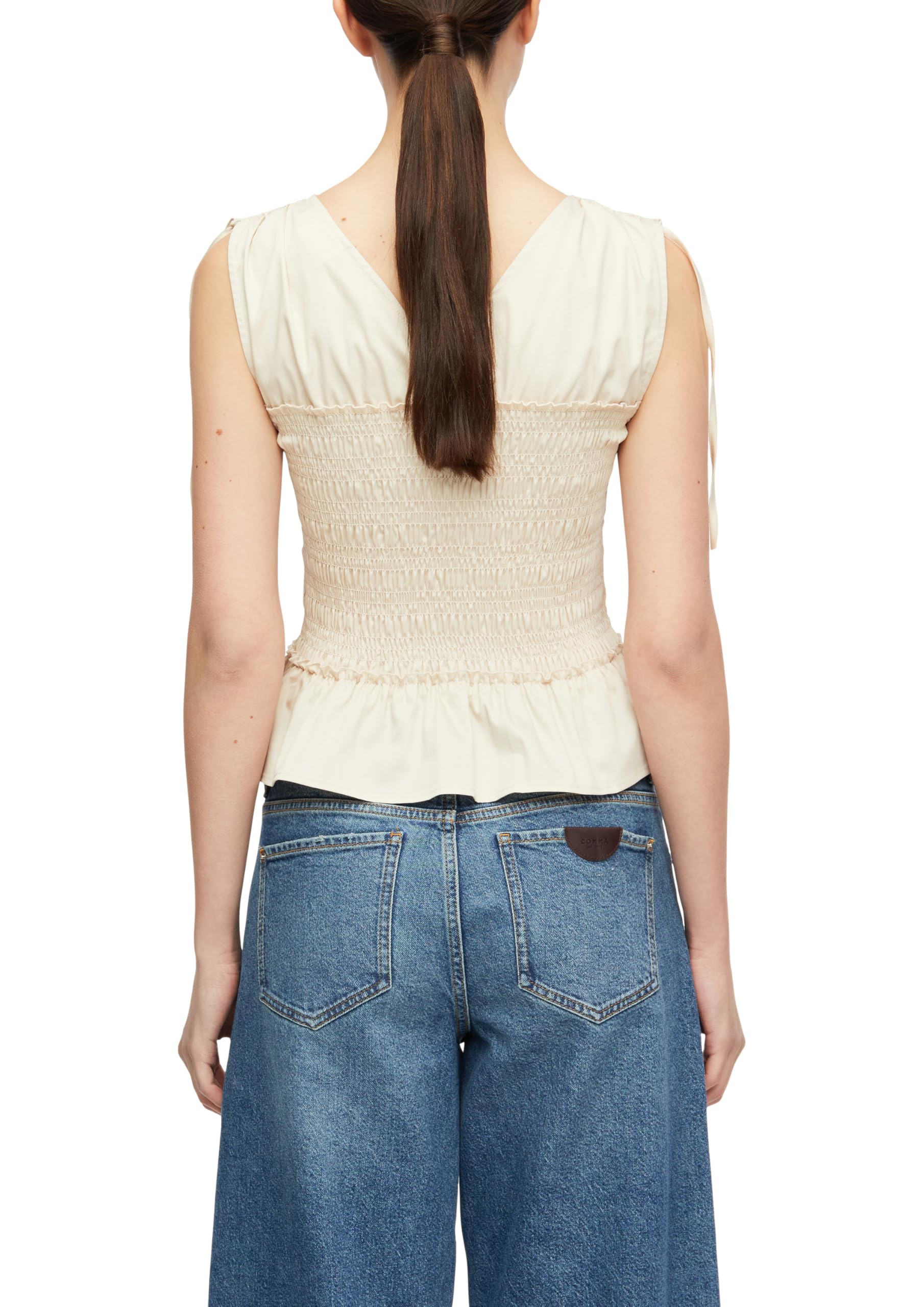 Comma Damen Bluse – Gesmockt, Volants, Popeline