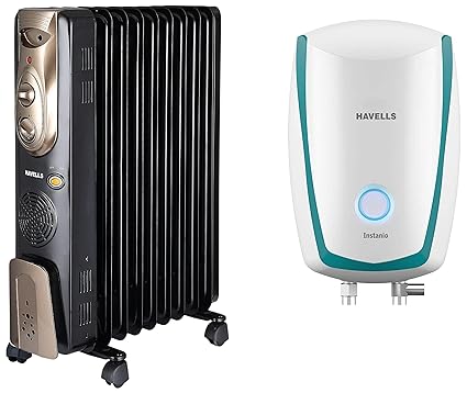 Havells Instanio 3-Litre Instant Wall Mounted Geyser (White/Blue) & Havells Ofr - 9Fin 2400-Watt Ptc Fan Heater (Black)