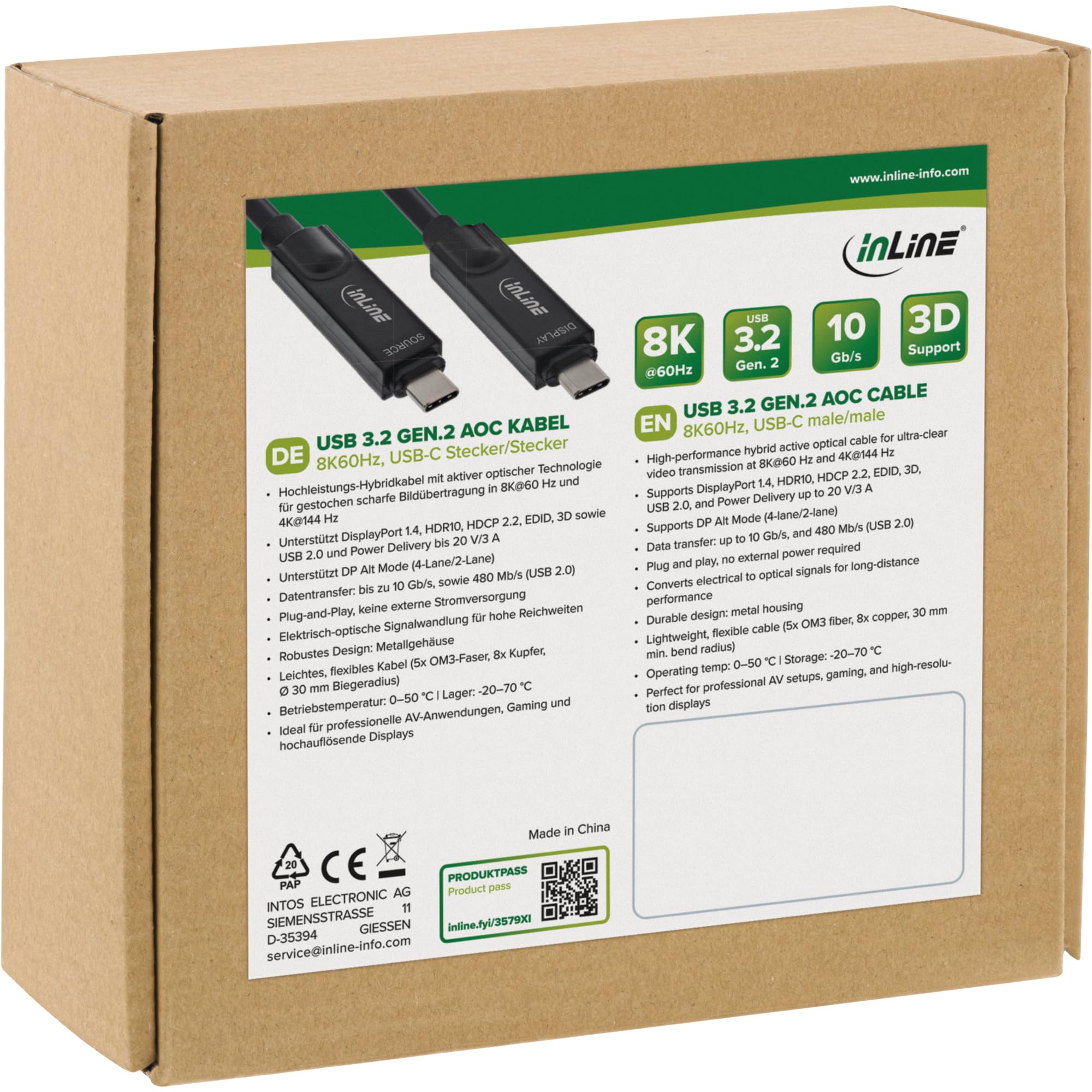 InLine Cavo AOC USB 3.2 Gen.2, USB-C a USB-C, attivo, 8K@60Hz, 10Gb/s, 4K@144Hz, HDR10, Power Delivery, Plug and Play, 15 m, 35798I