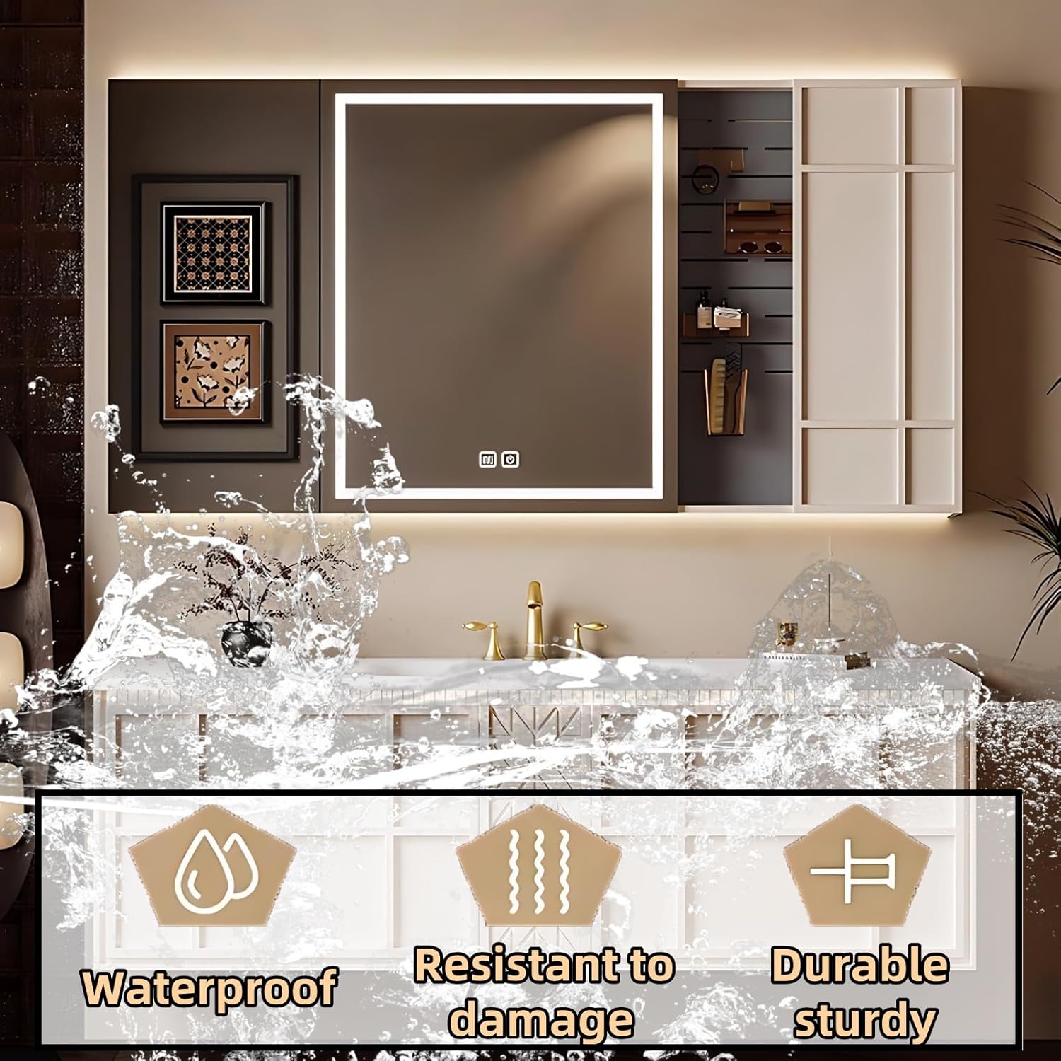 56IN Khaki Bathroom Vanity has 2 Drawers - Stylish Floating Single Sink Bathroom Cabinet Set Includes Integrated Ceramic Sink | Panel with Linear Styling, Smart Defogging Silver Mirror (Style A)