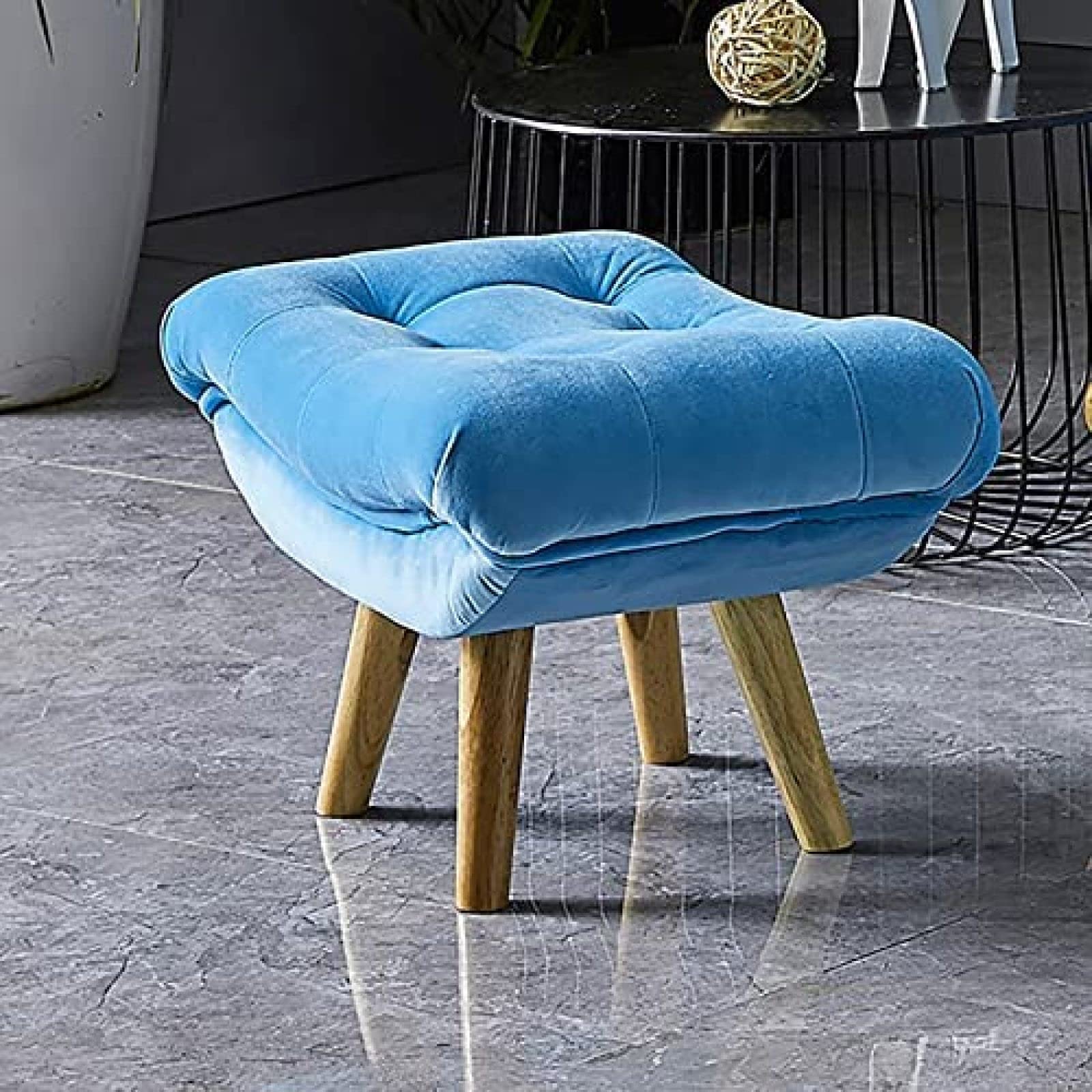 Otomana De Terciopelo Curvado con Mechones, Taburete De Mediados De Siglo con Patas De Madera, Banco De Reposapiés Acolchado Suave, Felpa Decorativa,Azul,60X35X30Cm(24X14X12Inch)