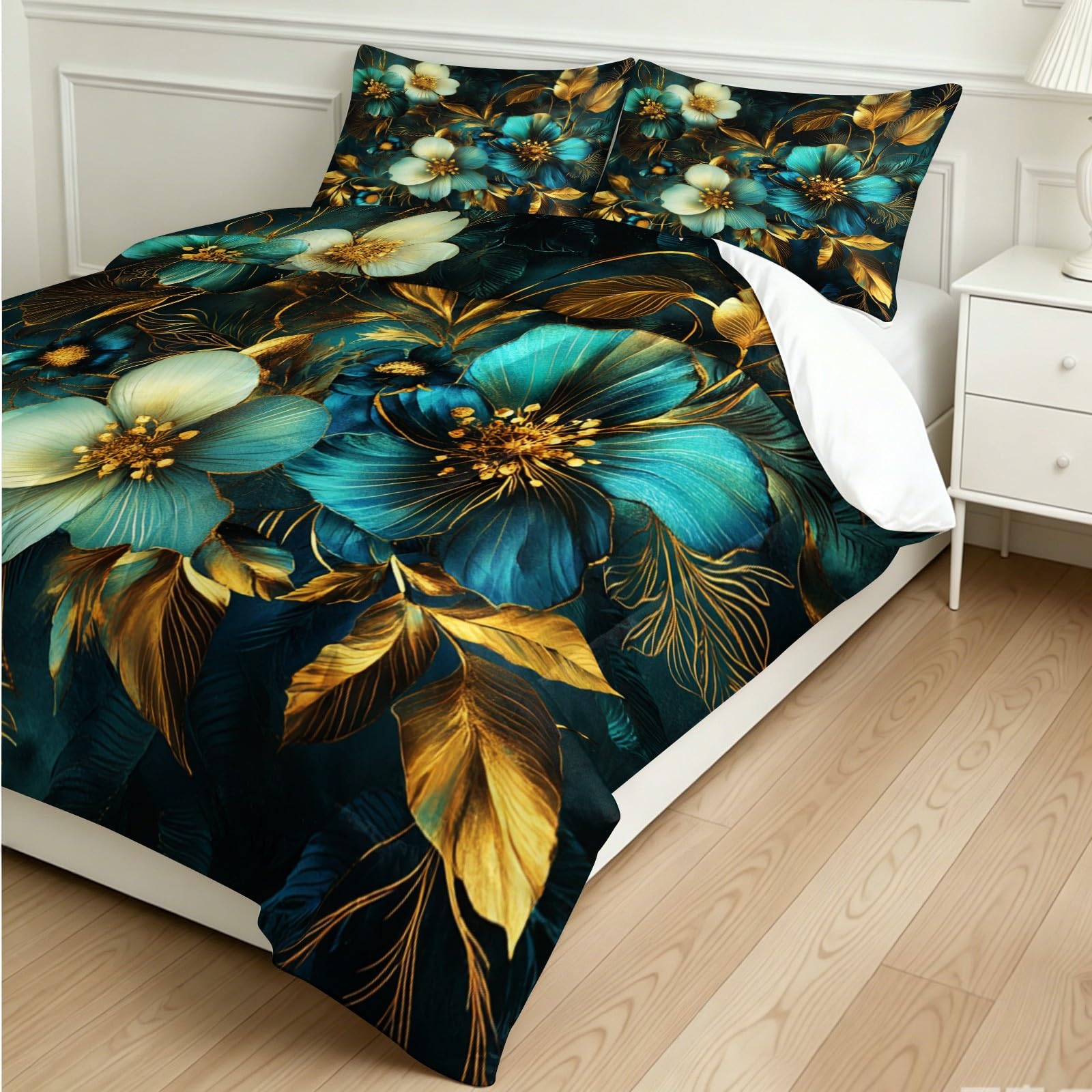 Edredón 200 x 200 cm 4 Estaciones Flores Sin Funda, 2 Fundas de Almohada Oro Verano e Invierno