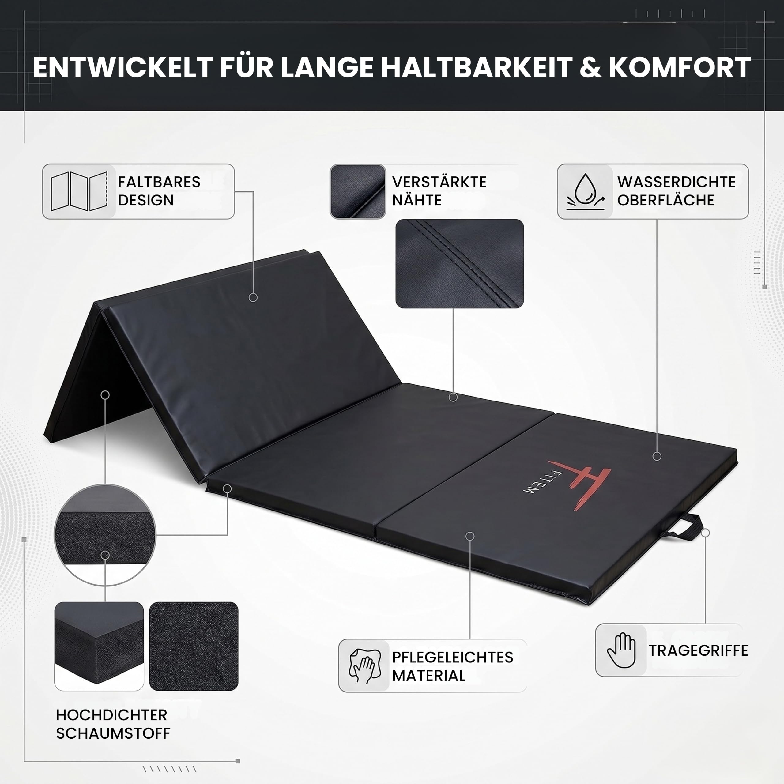 Fitem Fitnessmatten, faltbar, dick, Maße 240 x 120 x 4 cm oder 180 x 60 x 4 cm, mit Transportgriffen, für Gym, Yoga, MMA, Sport, Gymnastik, Fitness, Pilates, Muskeltraining