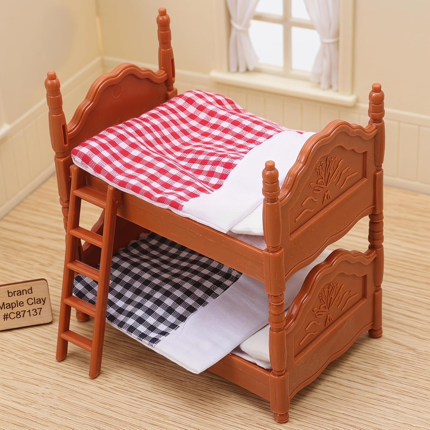 DOITOOL Wooden Doll Bunk Bed, Doll House Furniture Dollhouse Decoration Accessories Simulation Dollhouse Miniature Bunk Bed DIY Dolls Beds with Ladder image 3