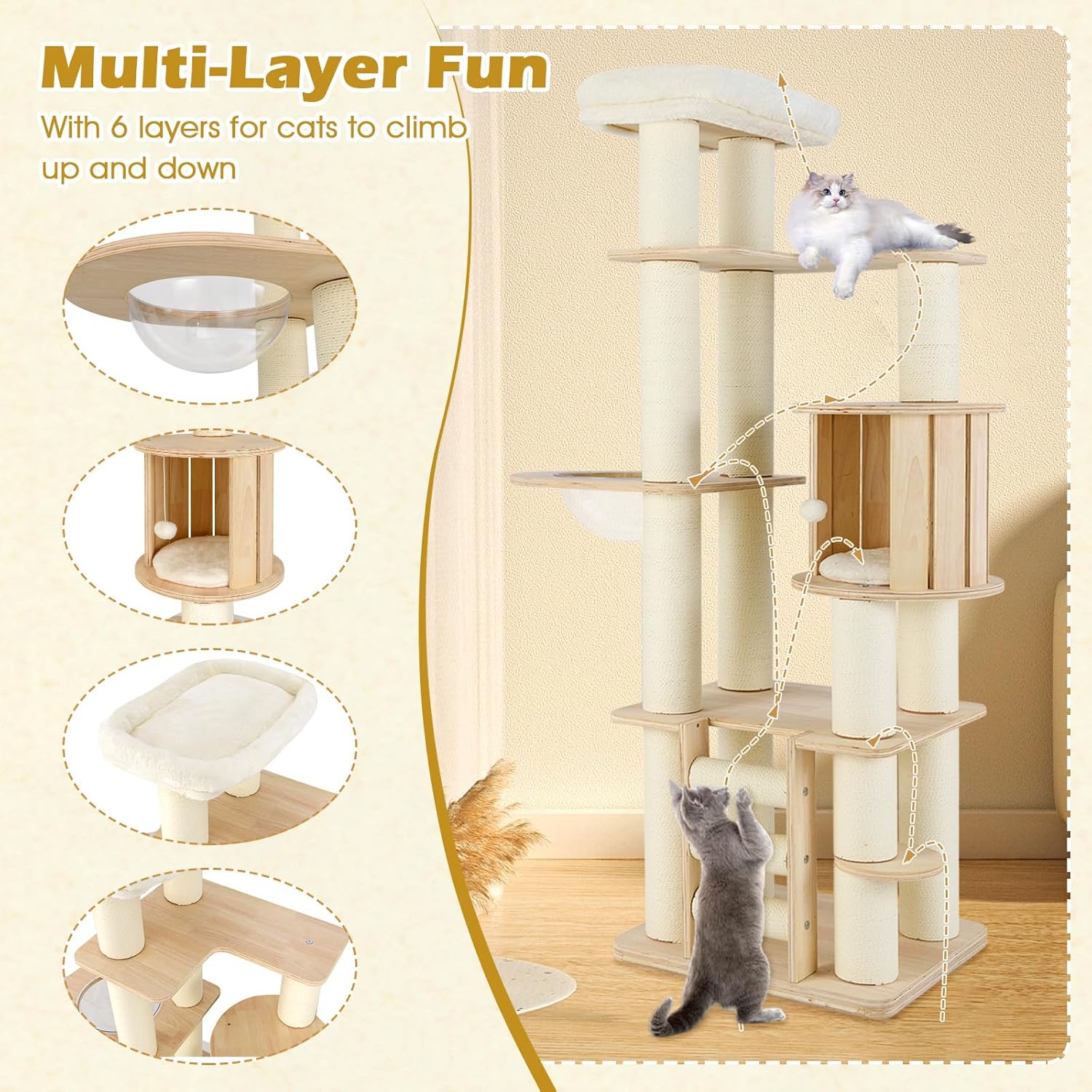 PETSITE 71 Inch Tall Wooden Cat Tree, Multi-Level Cat Tower with Scratching Posts, Cat Condo, Space Capsule, Climbing Ladder, Dangling Ball, Washable Cushions, Modern Cat Tree Tower for Indoor Cats