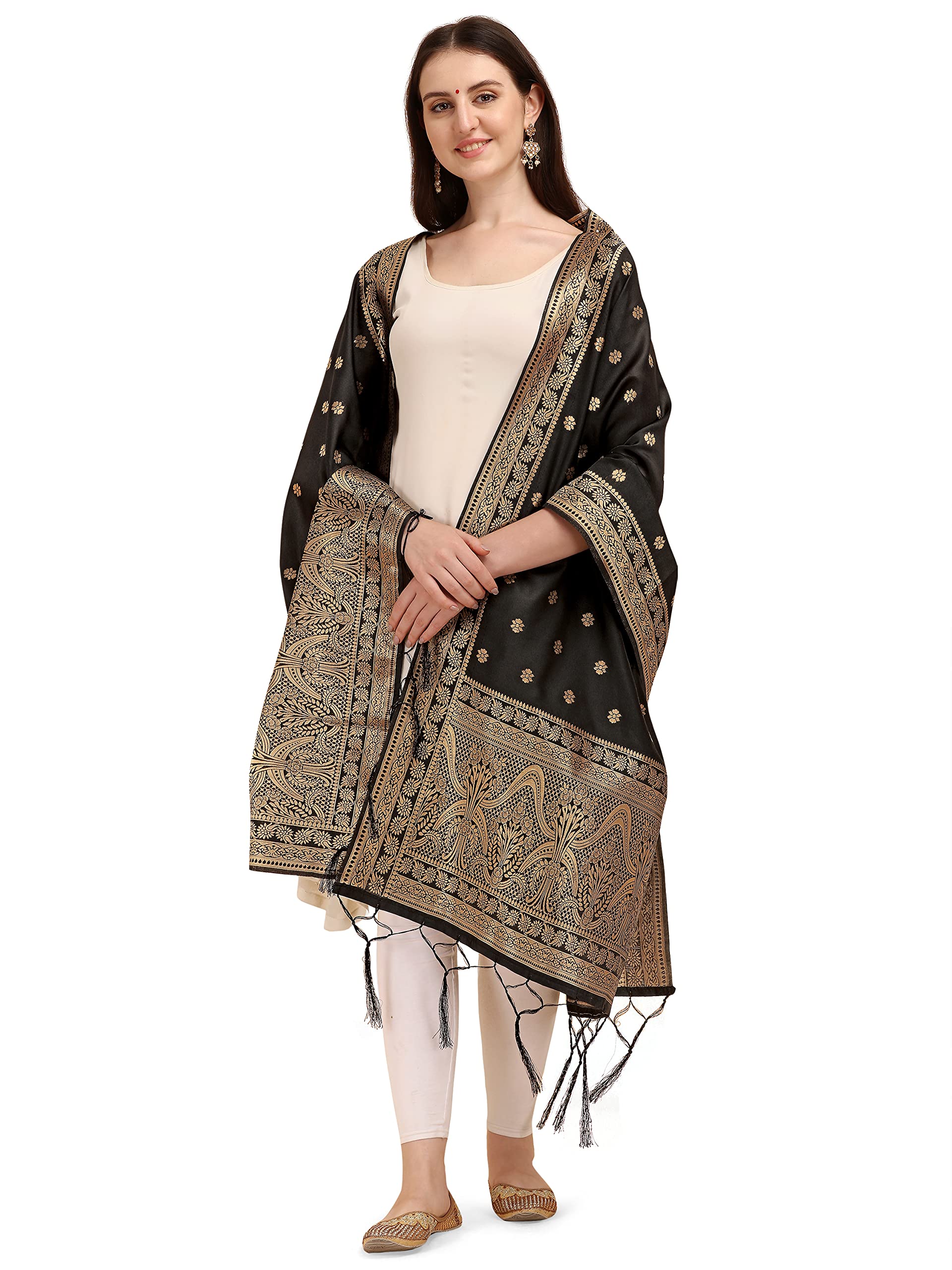 DEVANGIWomen's Woven Banarasi Silk Zari Dupatta/Chunni, Width 1 Meter, Length 2.5 Meter, Black Drop, FREE