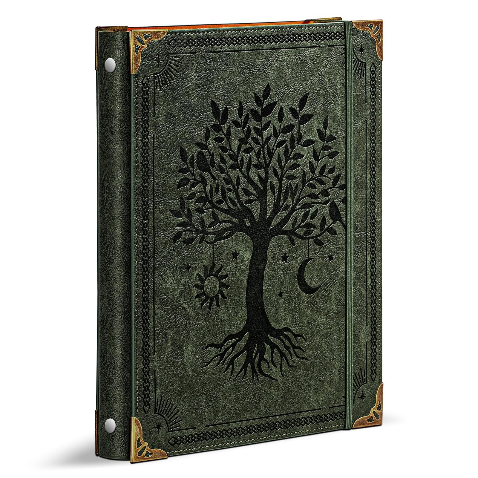 Leather 3 Ring Binder Fits 8.5"x11" Letter Size Paper, 1 Inch Round Ring Binder Holds 200 Sheets, Notebook Cover Loose Leaf Organizer, Green Tree