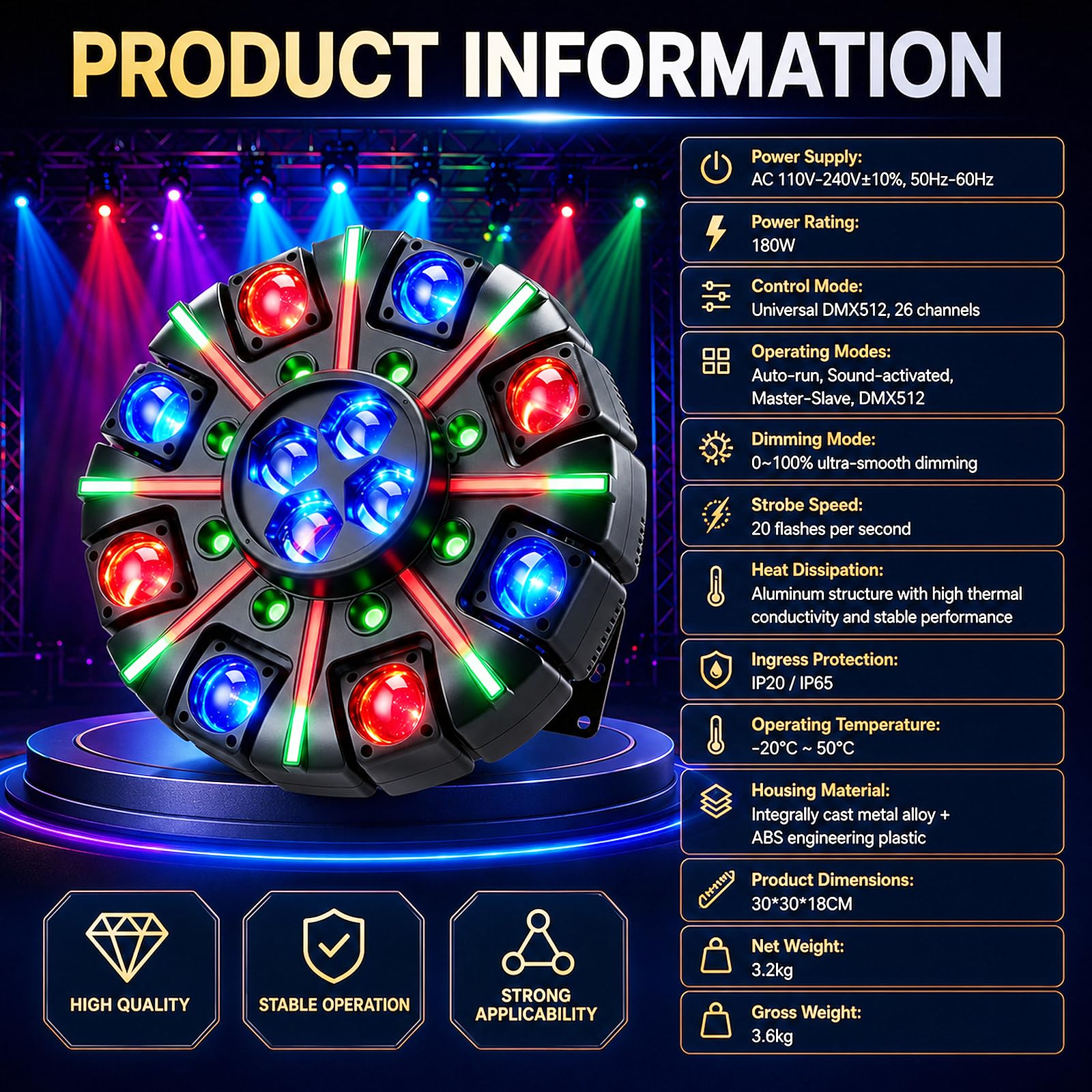 Moving Head Discolicht 180W RGBW, DMX 512 Effektstrahler mit Musiksteuerung & Fernbedienung, LED Partylicht für DJ Hochzeit Geburtstag Club Bar KTV Bühnenlicht mit Beam, GOBO Stroboskop