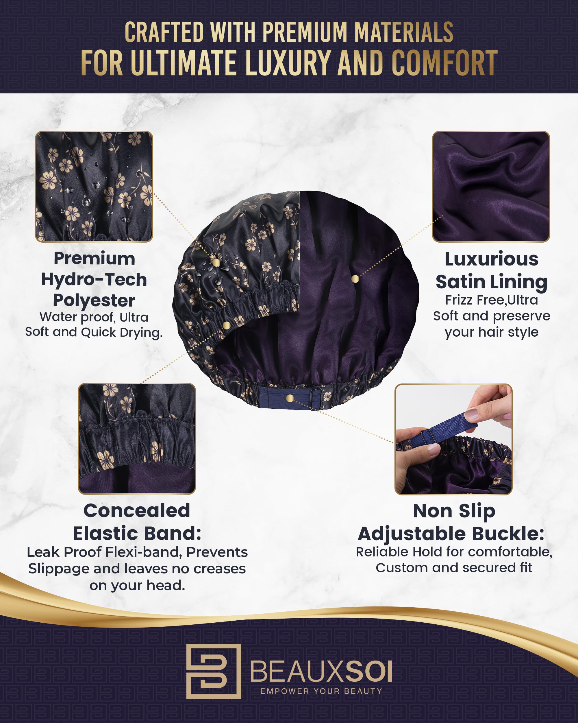 Beauxsoi Gorros de ducha de lujo para mujer, reutilizables, impermeables, con forro de satén, suave y ajustable, de alta calidad, el mejor gorro de ducha para mujeres como regalo para mantener el