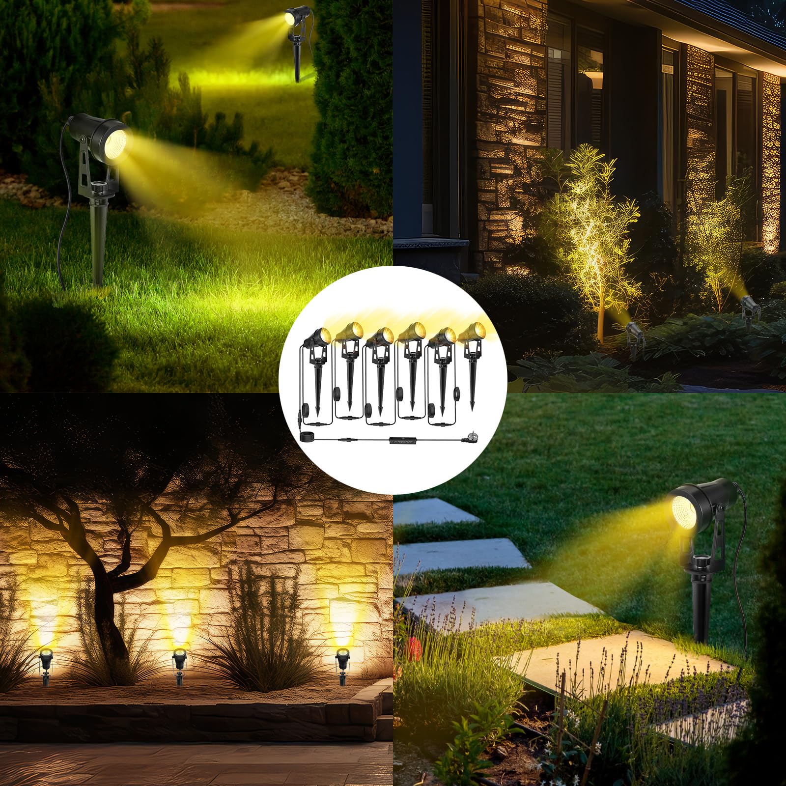 focos LED jardín 4 en 1, 14M luz cálida 3000K IP65 12V con enchufe, impermeable para exteriores, caminos, árboles, terraza, césped y fiestas (Blanco cálido, 6 en 1)