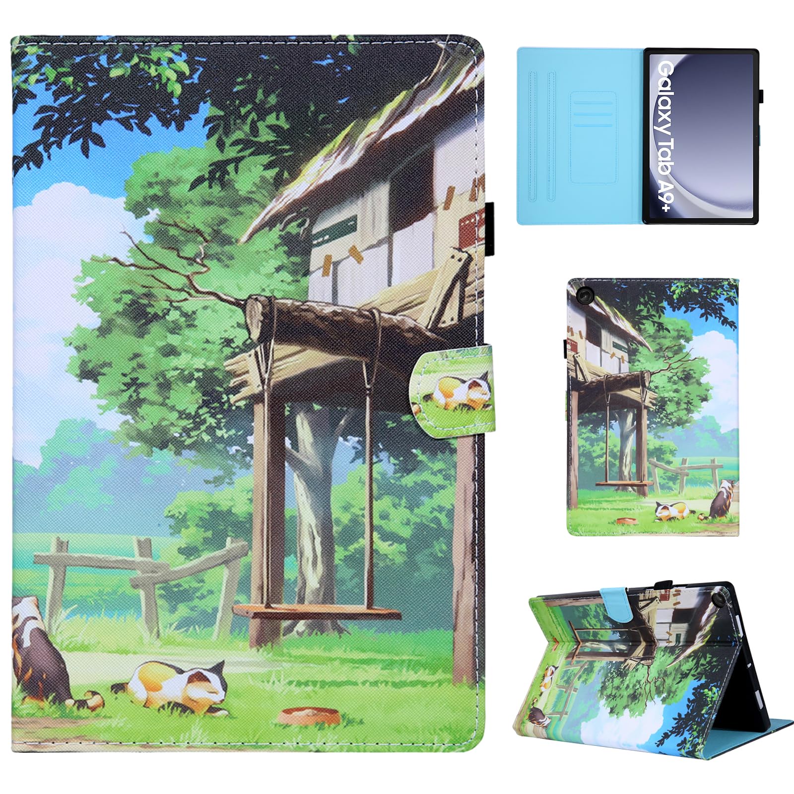CXTCASE Hülle für Samsung Galaxy Tab A9+/A9 Plus (SM-X210/SM-X215/SM-X216B) 11.0", Schutzhülle Cover Case mit Standfunktion für Samsung Galaxy Tab A9+, Schaukel-Holzhaus