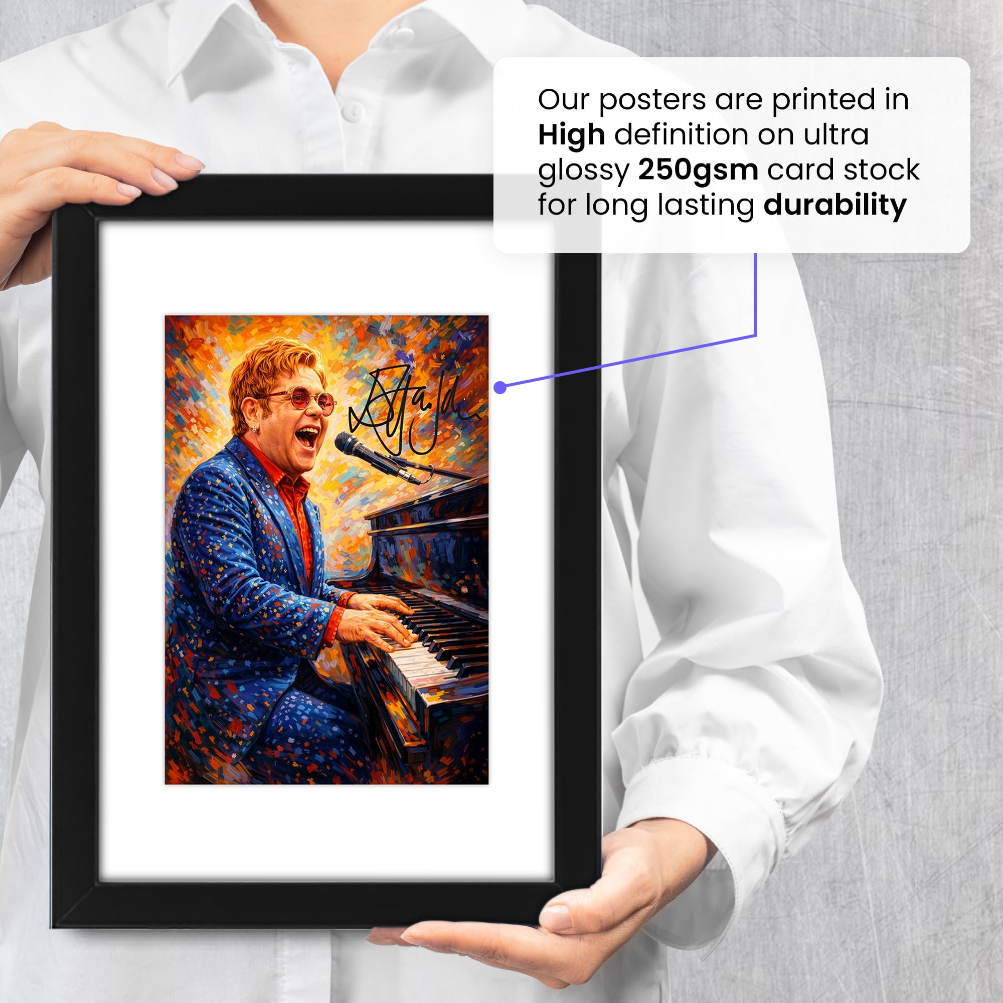Stampa artistica da parete con autografo di Elton John Art, edizione limitata, idea regalo per fan, memorabilia da collezione, Rocketman Legend Tribute (A3 incorniciata con passepartout)